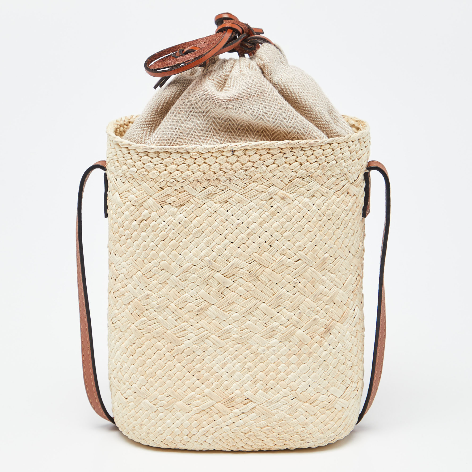 Loewe X Paula Beige/Tan Raffia And Leather Ibiza Bucket Crossbody Bag