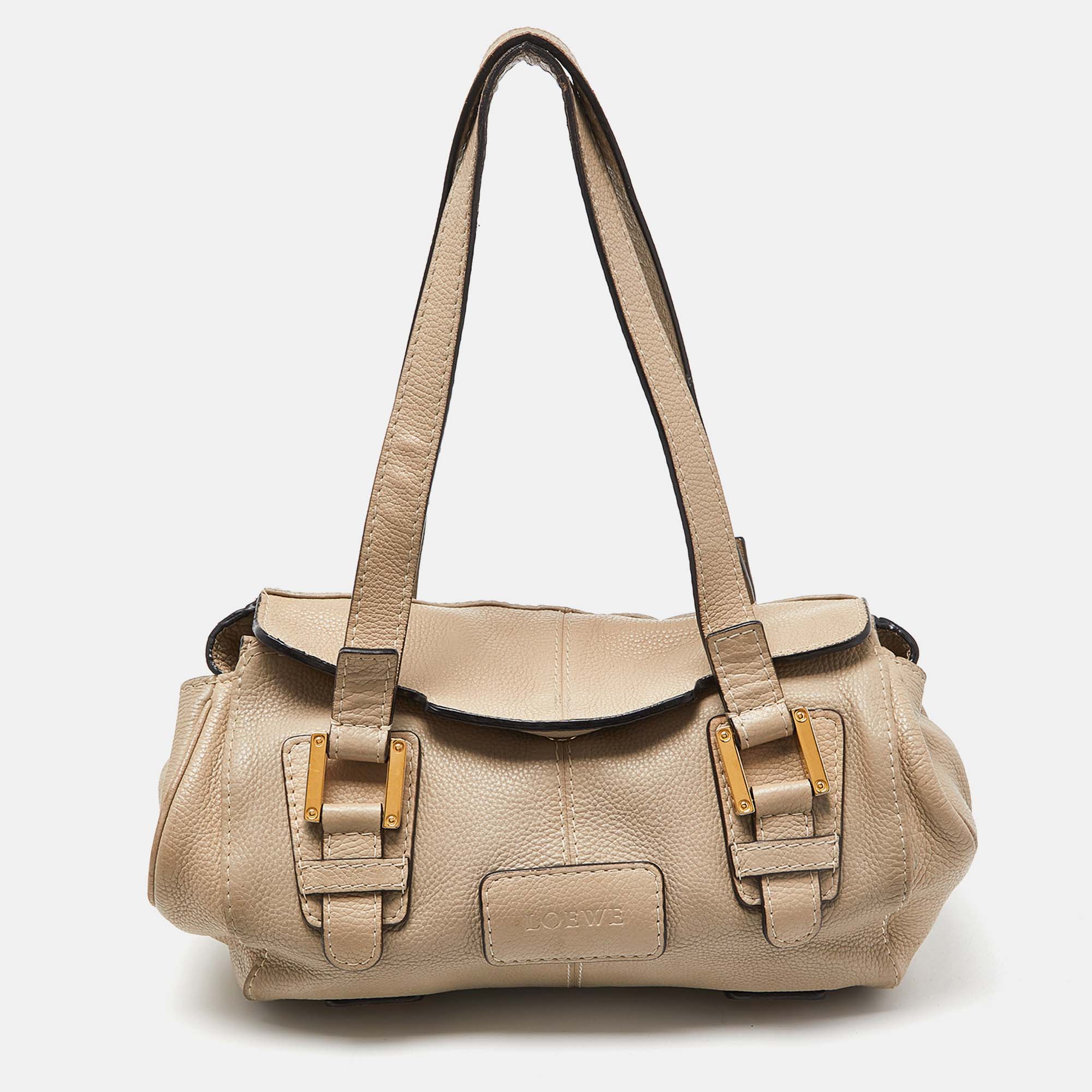 Loewe beige leather buckle flap satchel