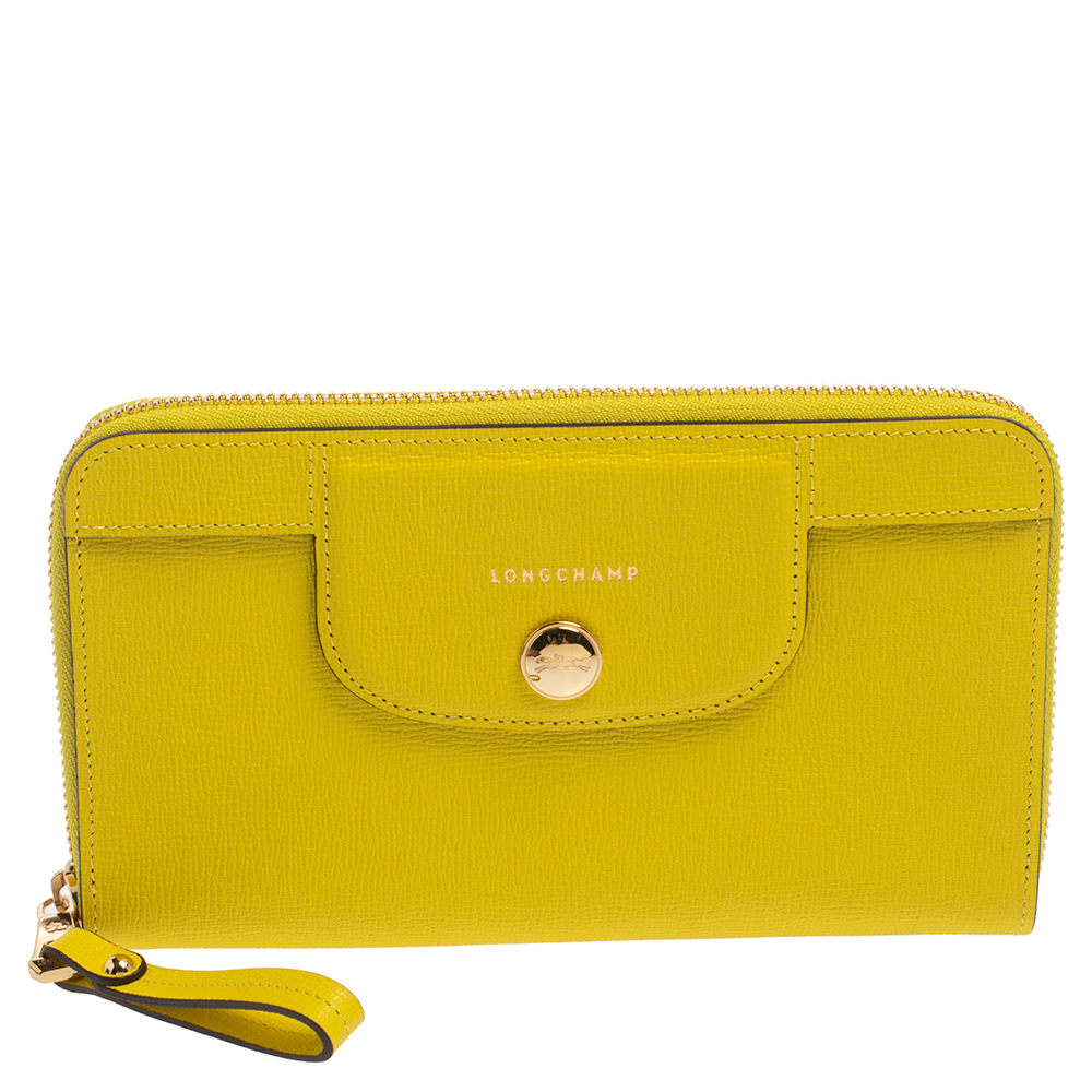 Image of Longchamp Lime Leather Le Pliage Heritage Zip Around Wallet