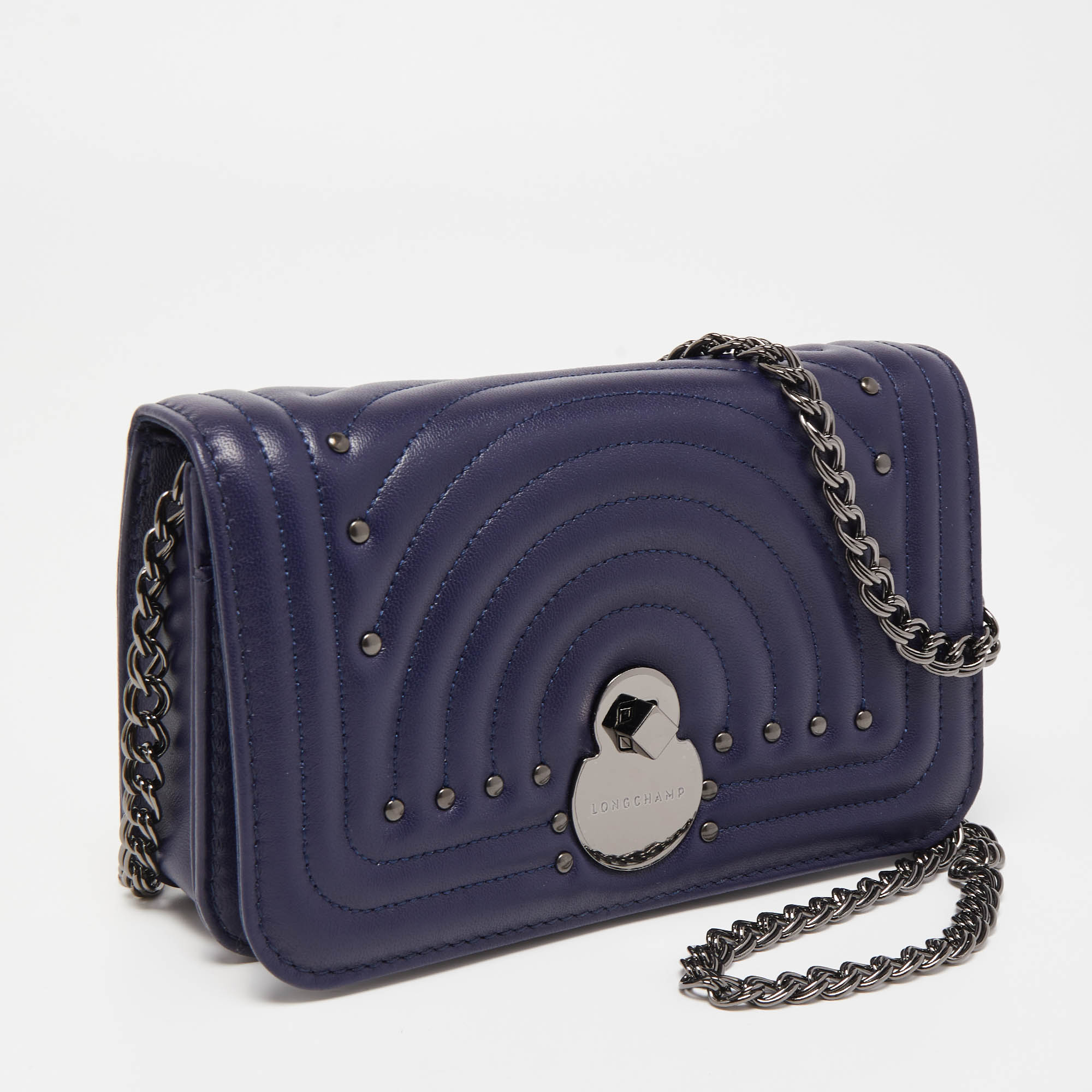 Longchamp Dark Blue Leather Studded Cavalcade Wallet On Chain
