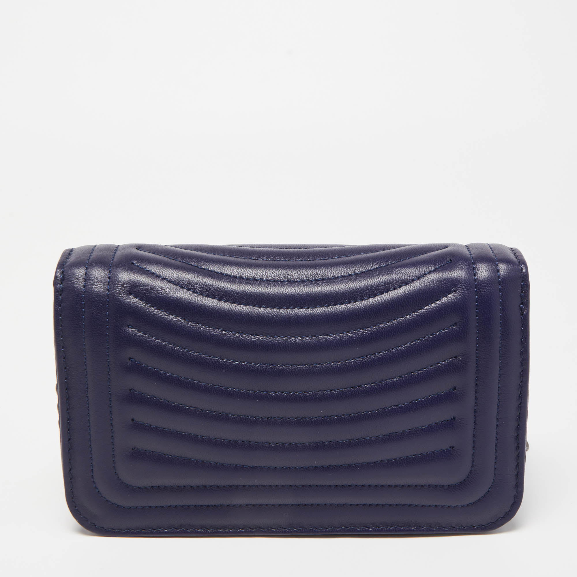 Longchamp Dark Blue Leather Studded Cavalcade Wallet On Chain