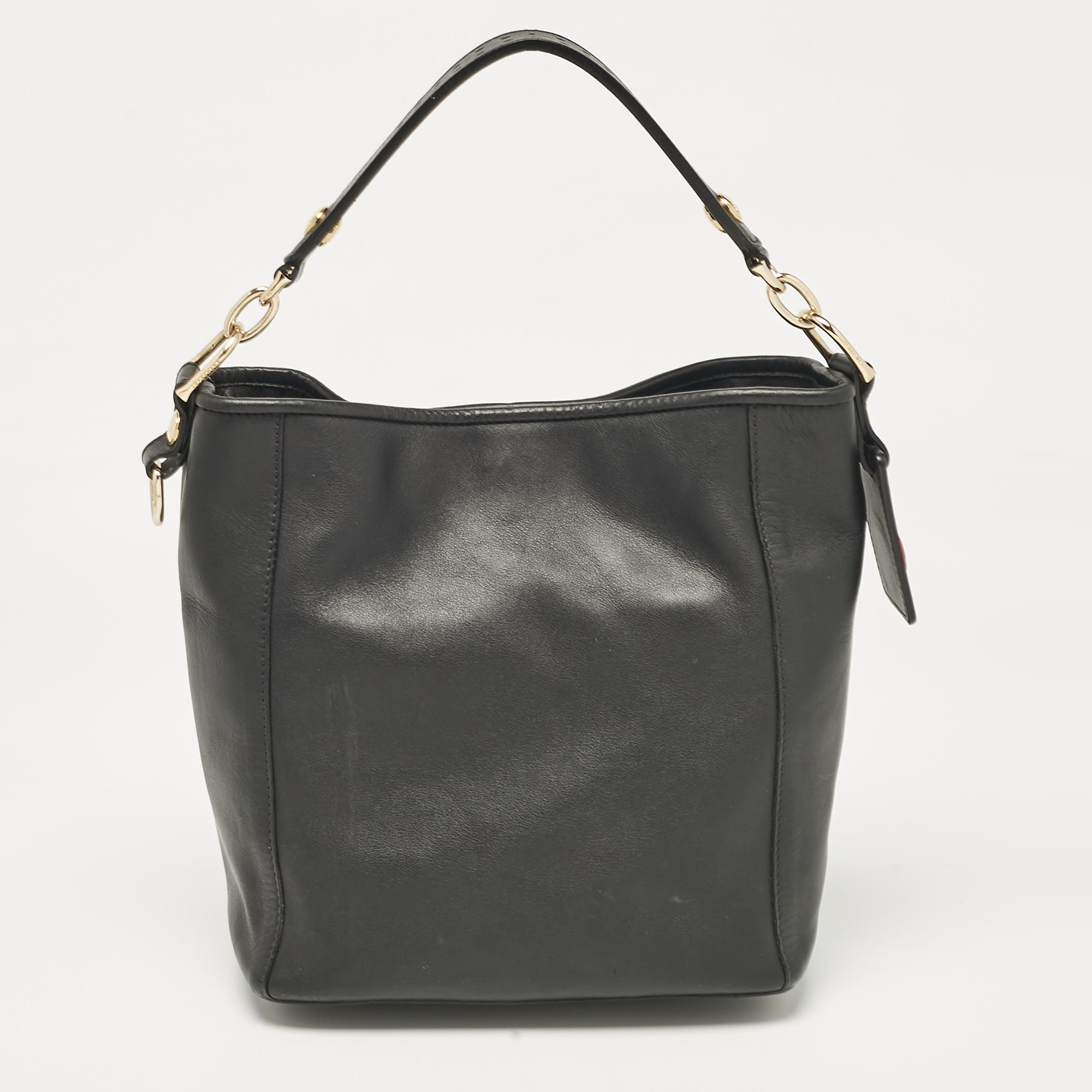 Longchamp Black Leather Perforated Mademoiselle Bucket Bag