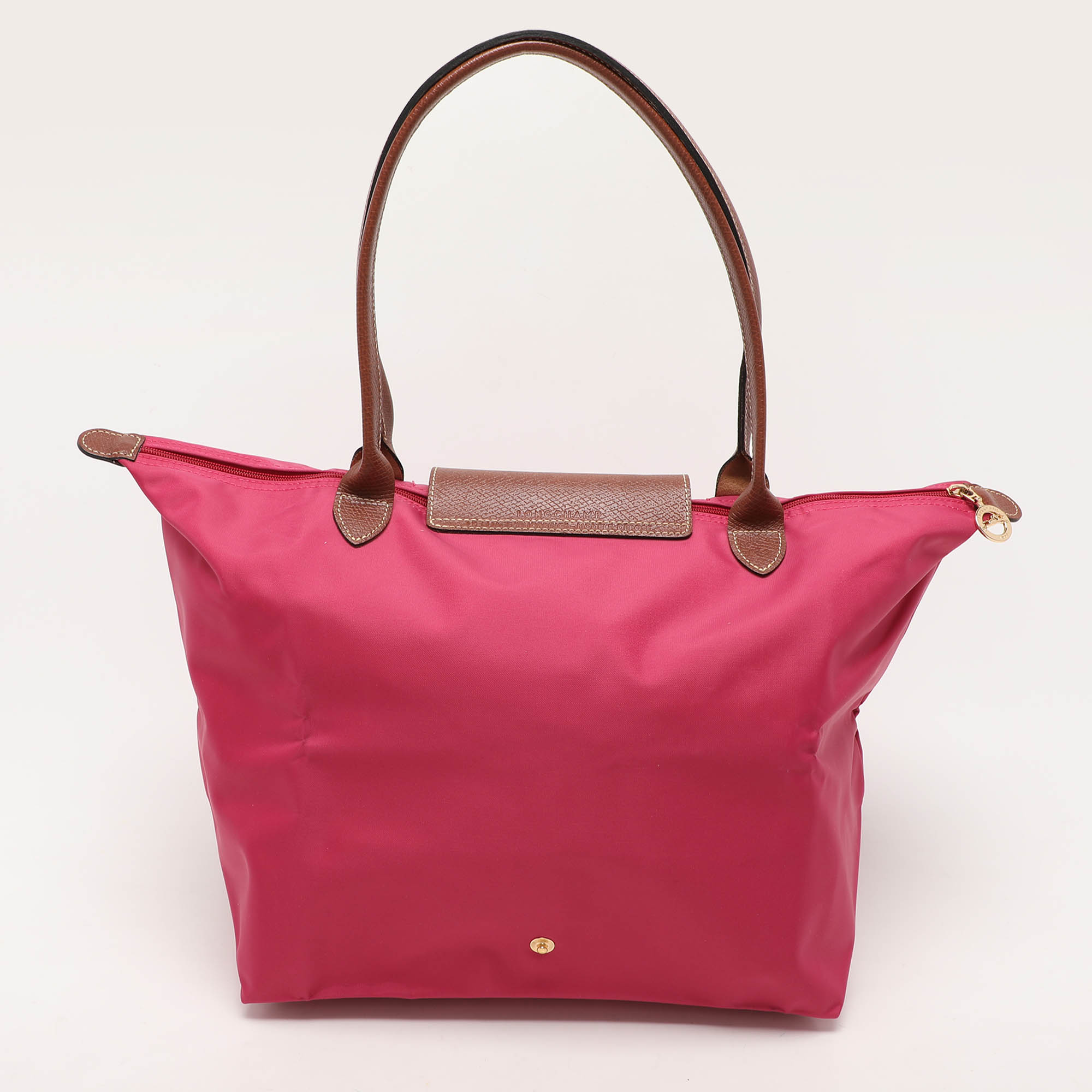 Longchamp Pink/Brown Nylon And Leather Large Le Pliage Tote