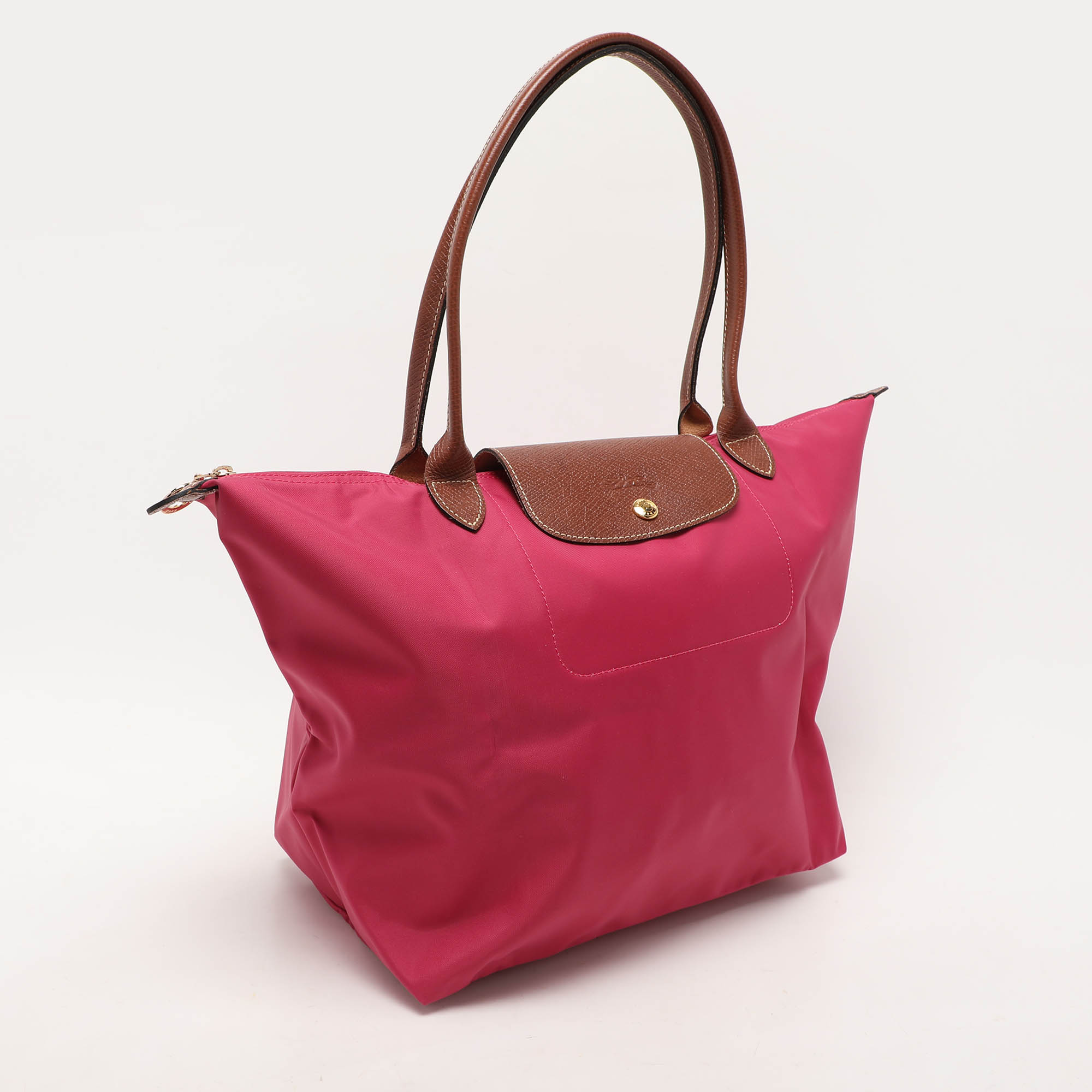 Longchamp Pink/Brown Nylon And Leather Large Le Pliage Tote