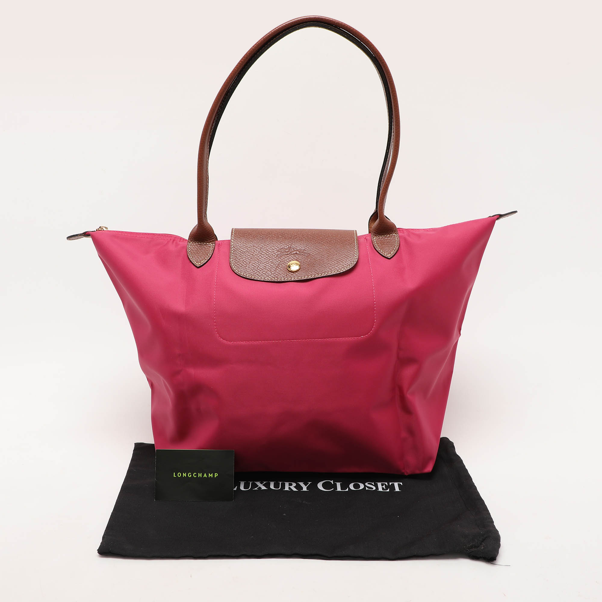 Longchamp Pink/Brown Nylon And Leather Large Le Pliage Tote