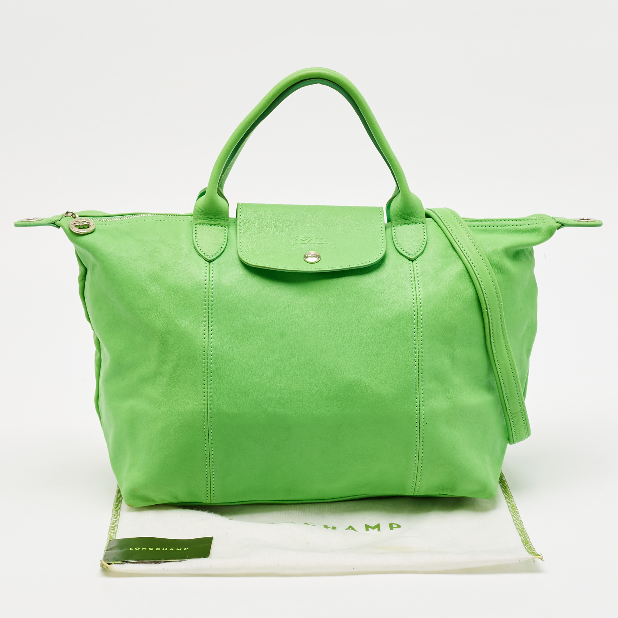 Longchamp Green Leather Le Pliage Tote