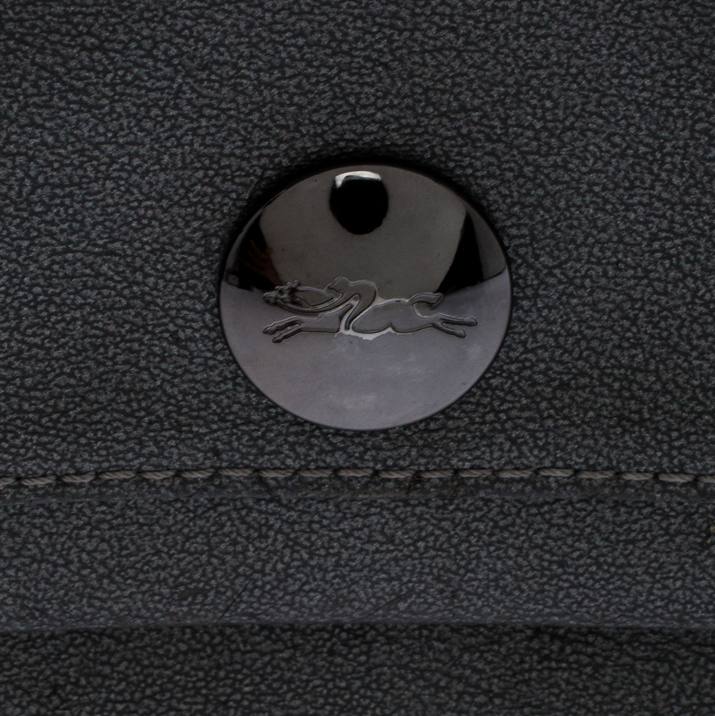 Longchamp Metallic Grey Leather Flap Button Compact Wallet