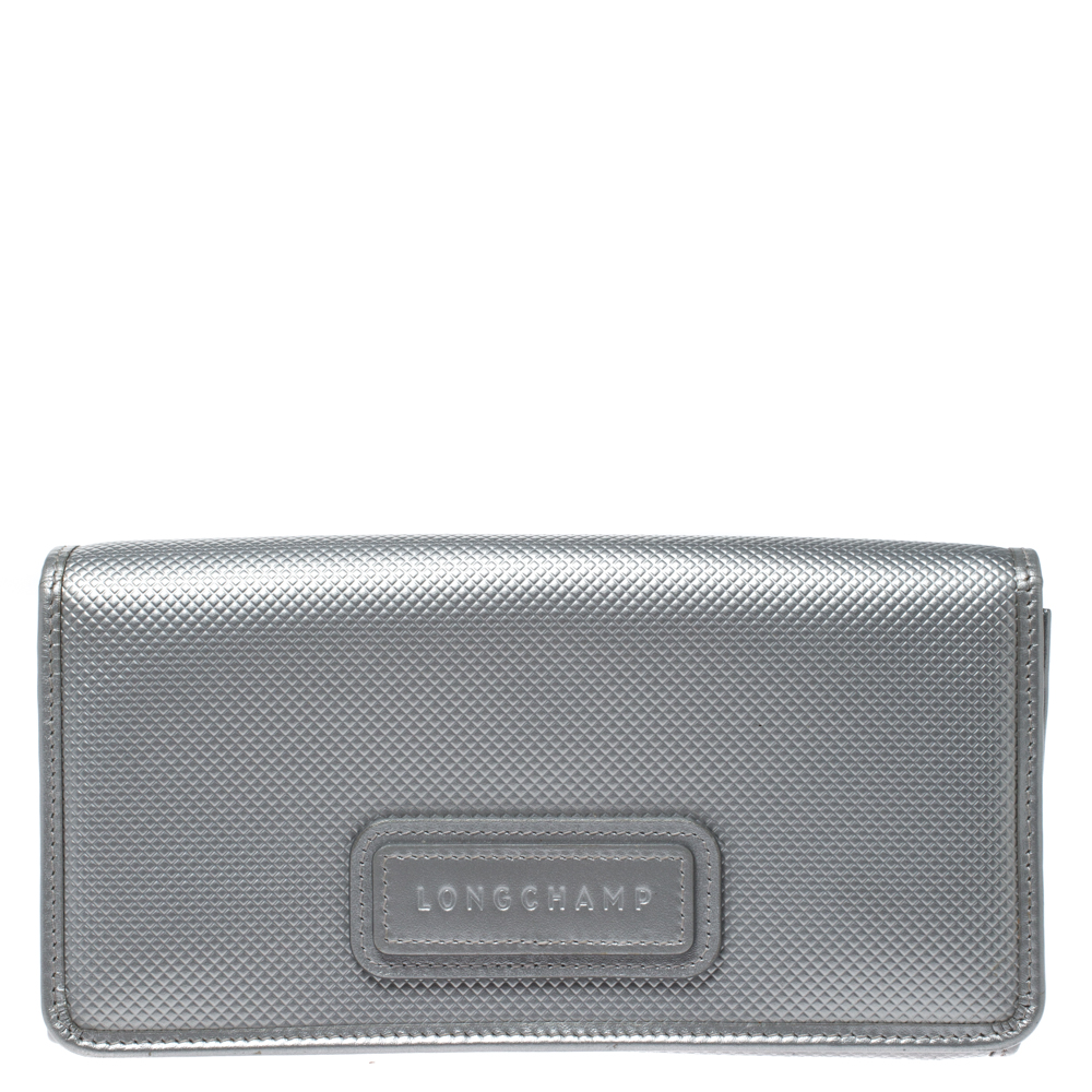 Image of Longchamp Silver Textured Leather Continental Flap Wallet