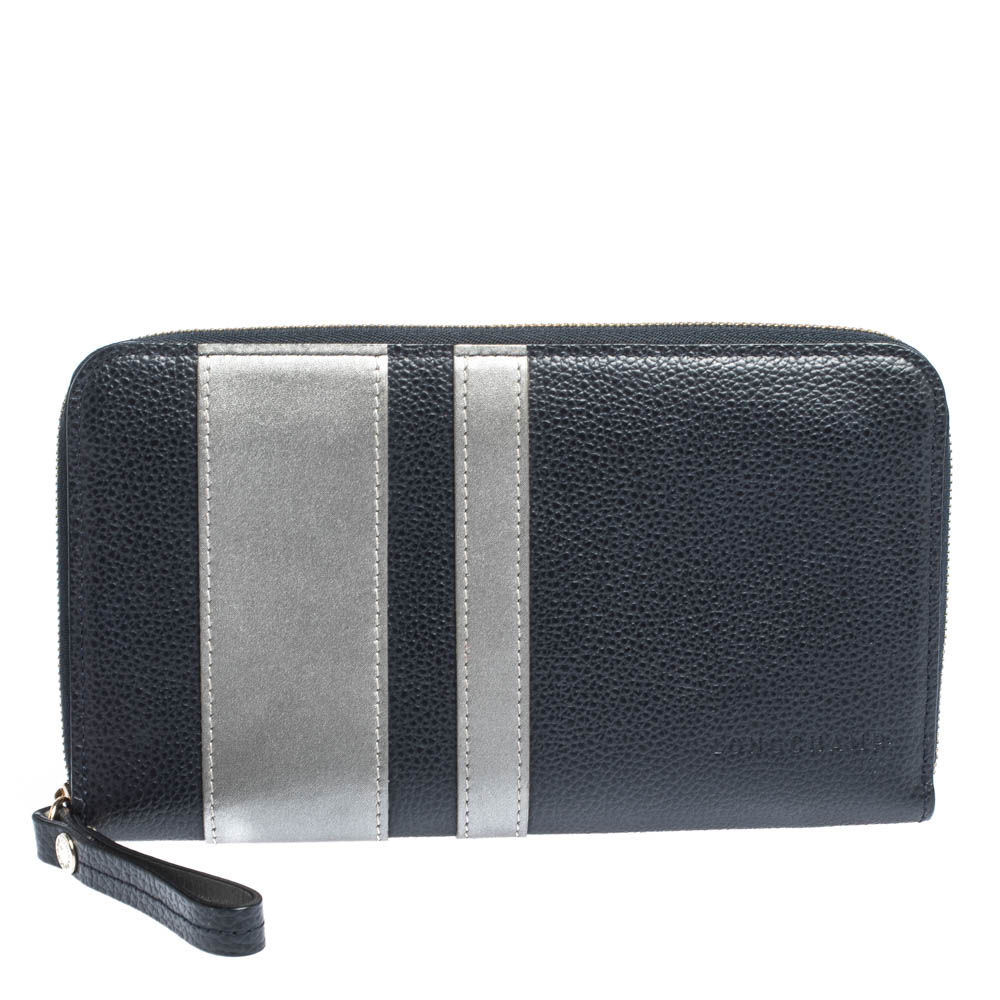 Image of Longchamp Blue/Grey Striped Leather Le Foulonne City Zip Around Wallet