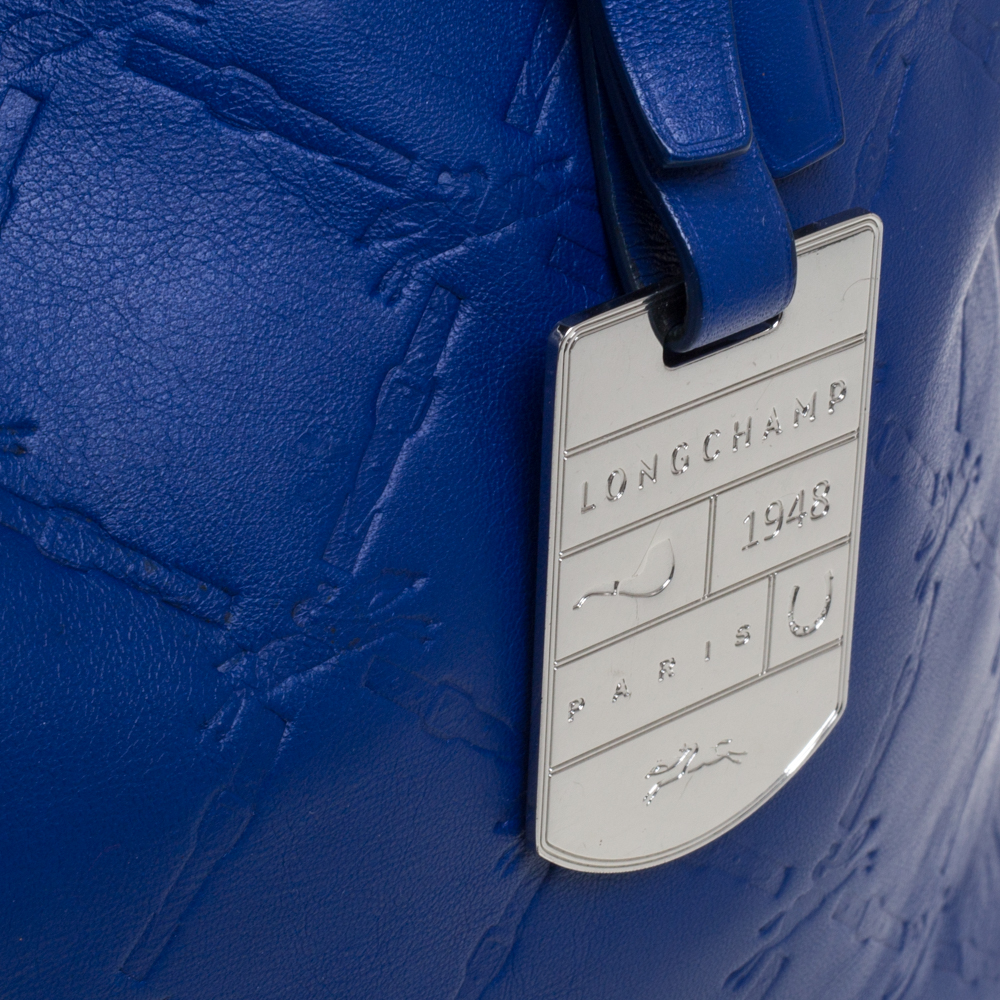 Longchamp Blue/Silver Leather Medium LM Cuir Shopper Tote