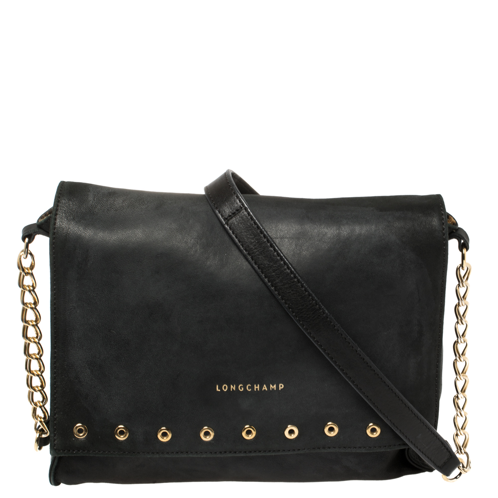 Longchamp Black Leather Eyelet Embellished Crossbody Bag