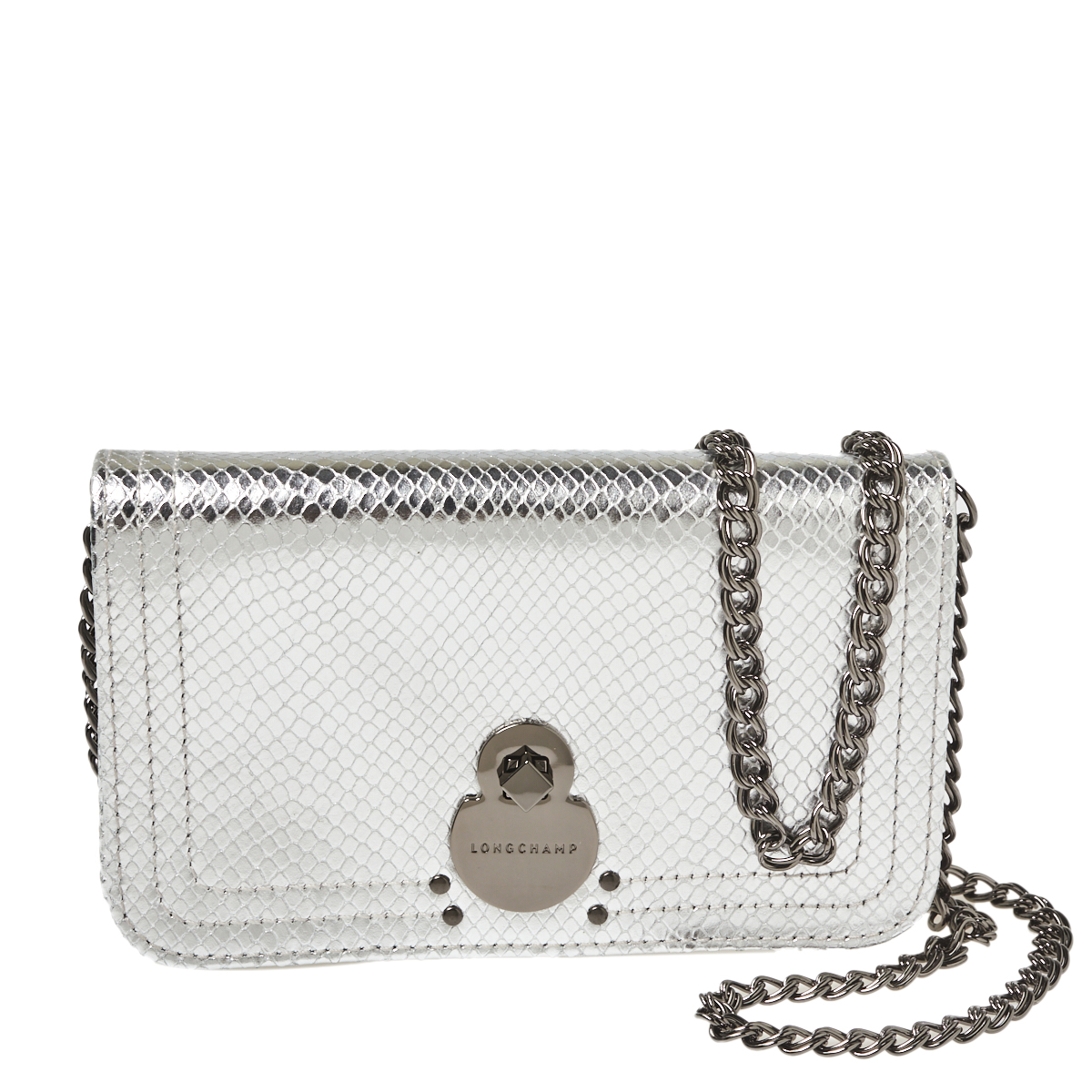 Longchamp Metallic Silver Python Effect Leather Cavalcade Wallet on Chain