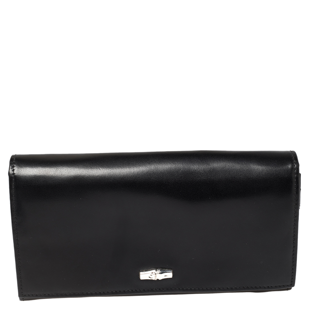 Longchamp Black Glossy Leather Roseau Continental Wallet