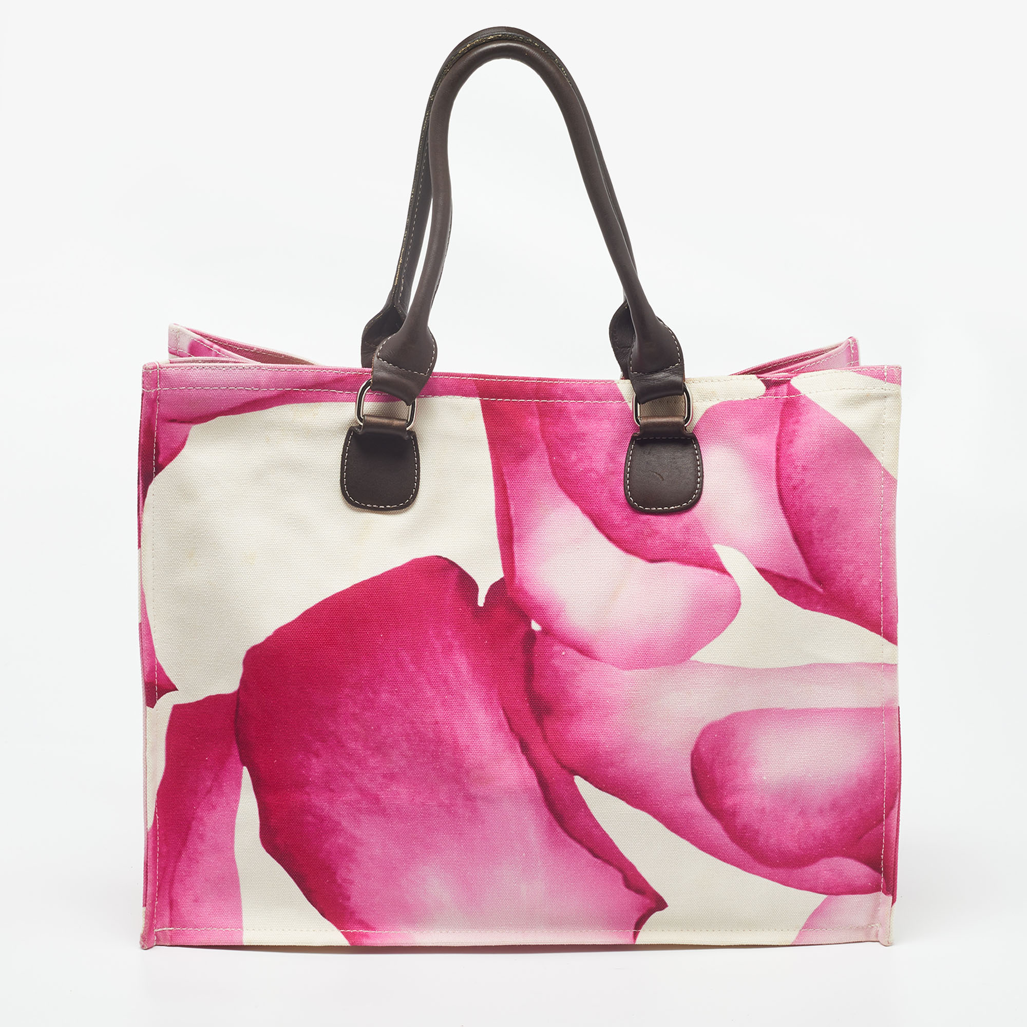 Longchamp Pink/White Floral Print Canvas And Leather Shopper Tote
