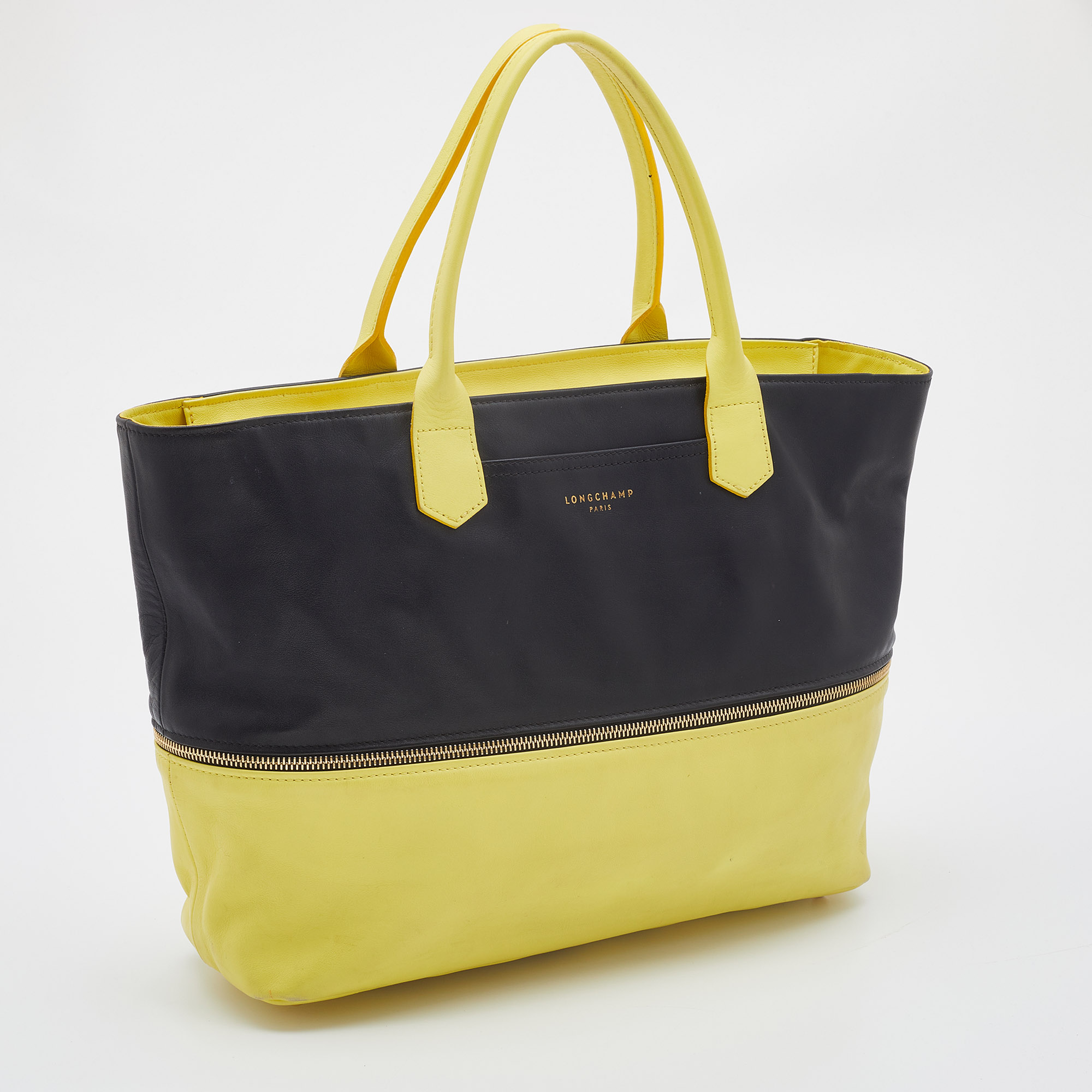 Longchamp Yellow/Black Leather Expandable Tote