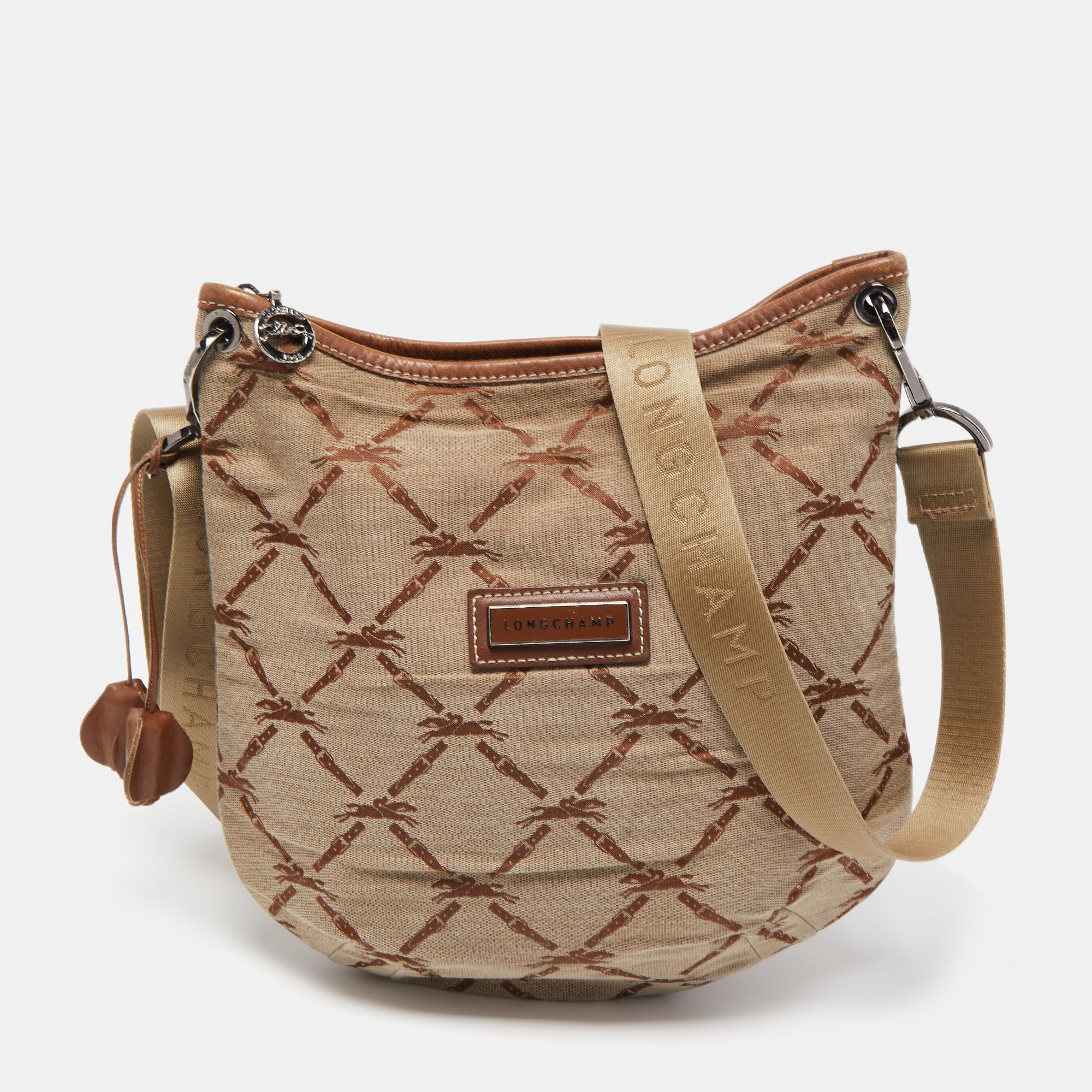 Longchamp Brown/Beige Quilted Print Canvas And Leather Crossbody Bag