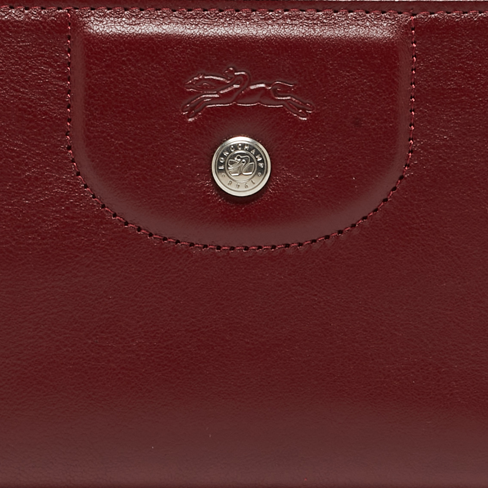 Longchamp Dark Red Cuir Leather Le Pliage Zip Around Wallet
