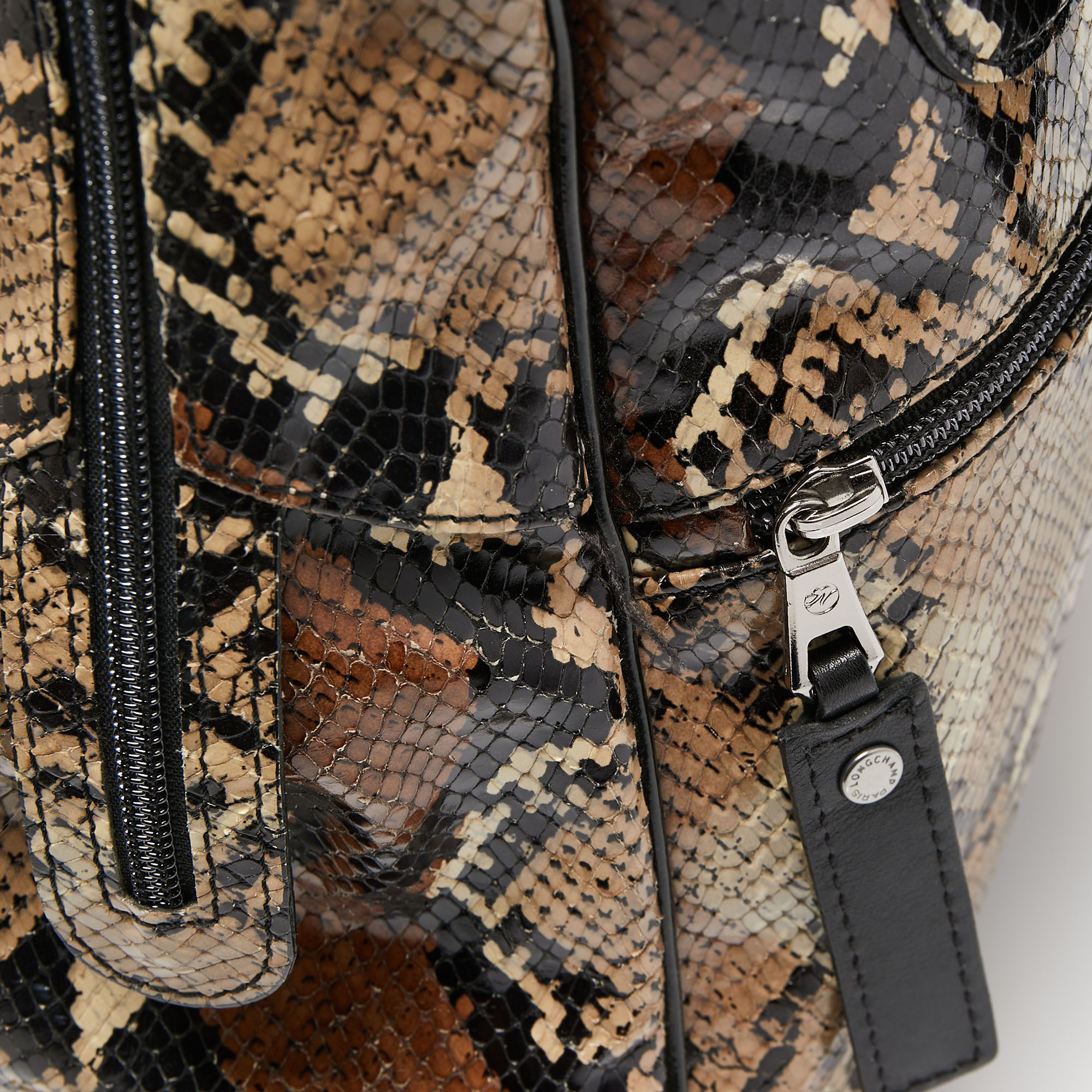 Longchamp Black/Beige Python Embossed Leather Cosmo Satchel