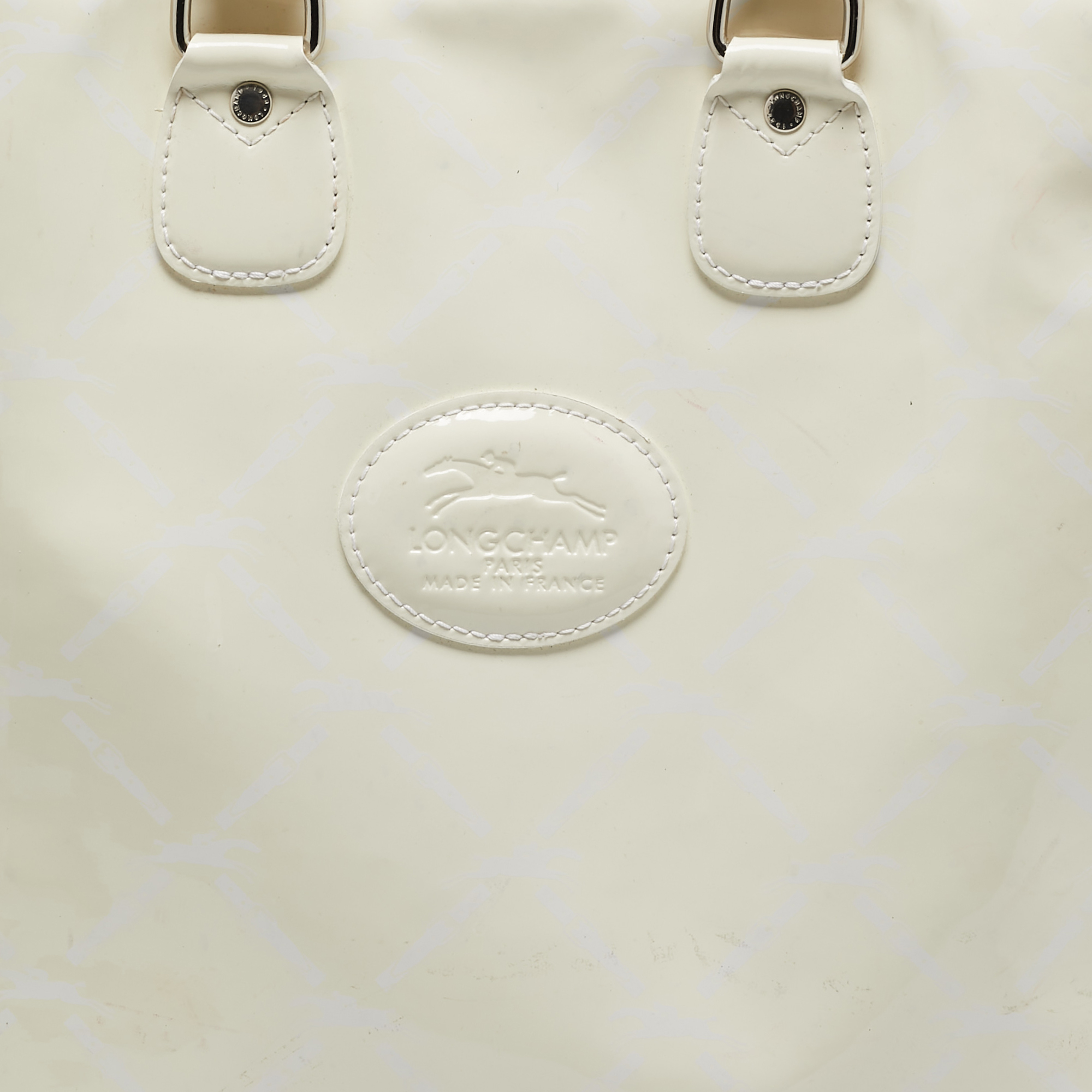 Longchamp Cream/Silver Quilted Print Patent Leather Vertical Tote