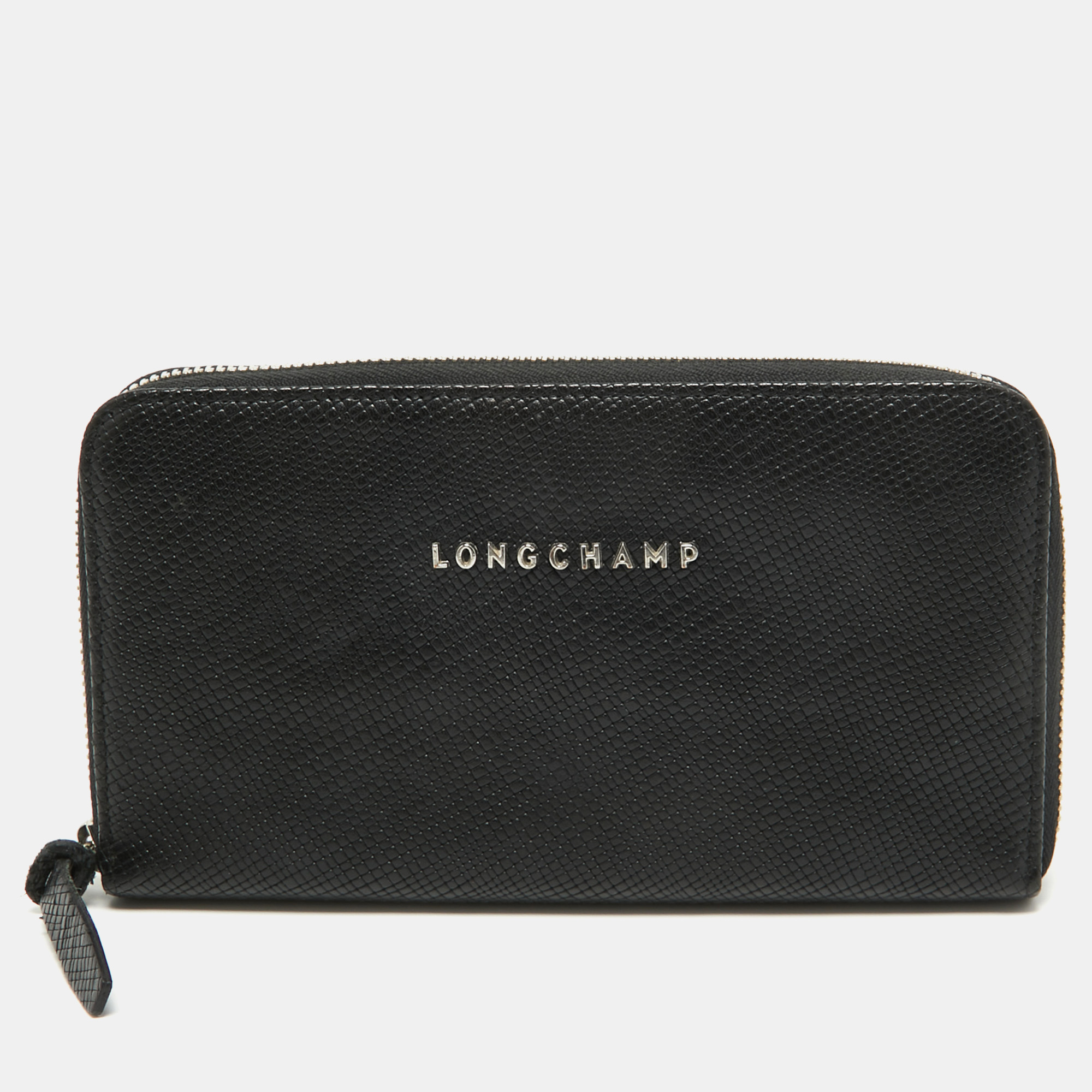 Longchamp Black Textured Leather Zip Around Wallet
