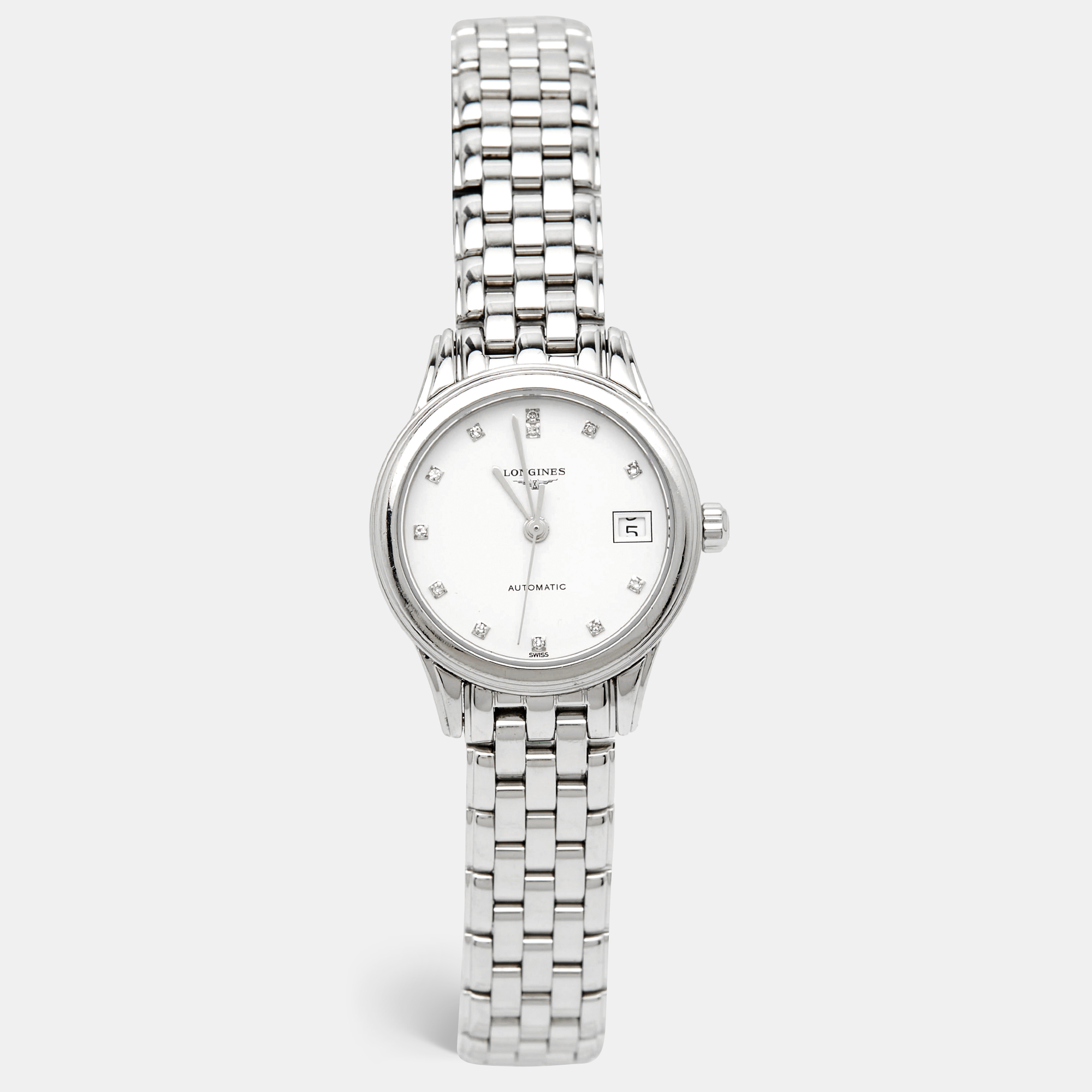 Longines White Stainless Steel Diamond Flagship L4.274.4.27.6 Women's Wristwatch 26 Mm