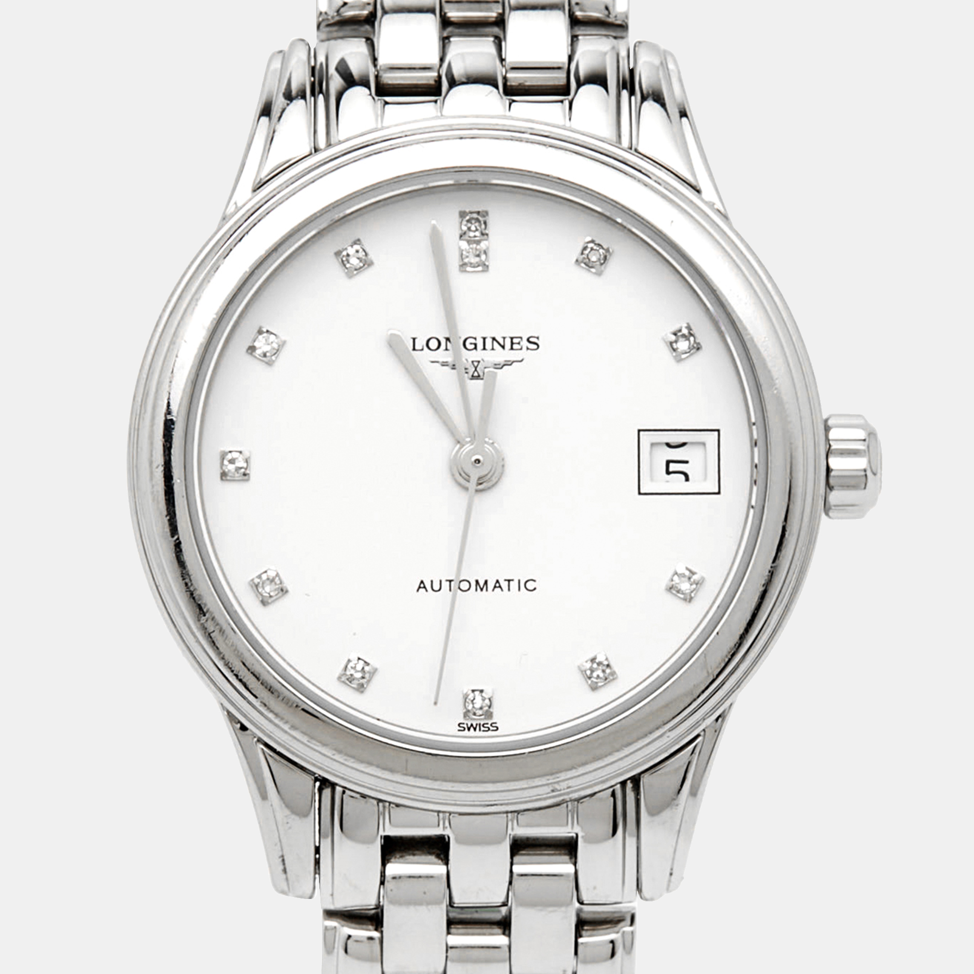 Longines White Stainless Steel Diamond Flagship L4.274.4.27.6 Women's Wristwatch 26 Mm