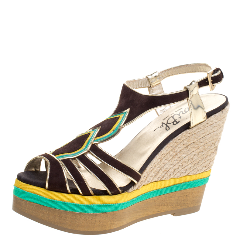 Image of Loriblu Tricolor Suede And Leather Wedge Espadrille Platform Sandals Size