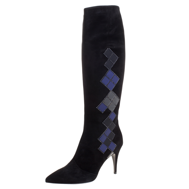 Image of Loriblu Black Abstract Embellished Suede Knee High Boots Size