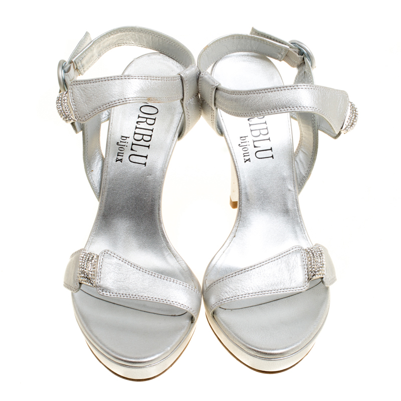 Loriblu Bijoux Metallic Silver Leather Crystal Embellished Platform Sandals Size 37