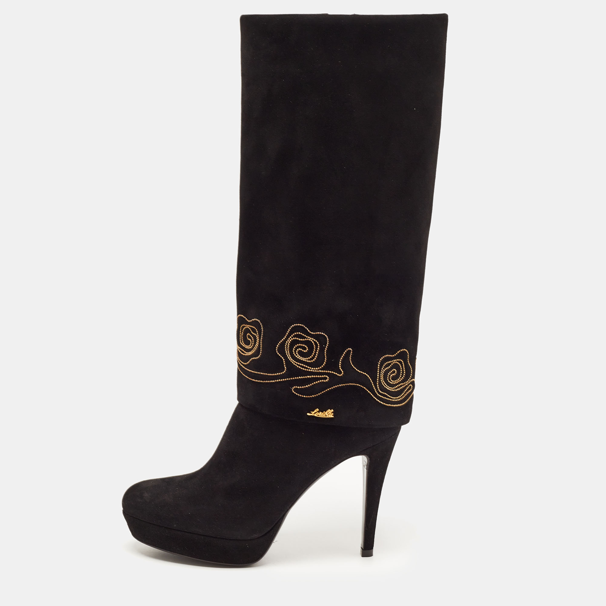Loriblu Black Suede Embroidered Platform Knee Length Boots Size 37.5
