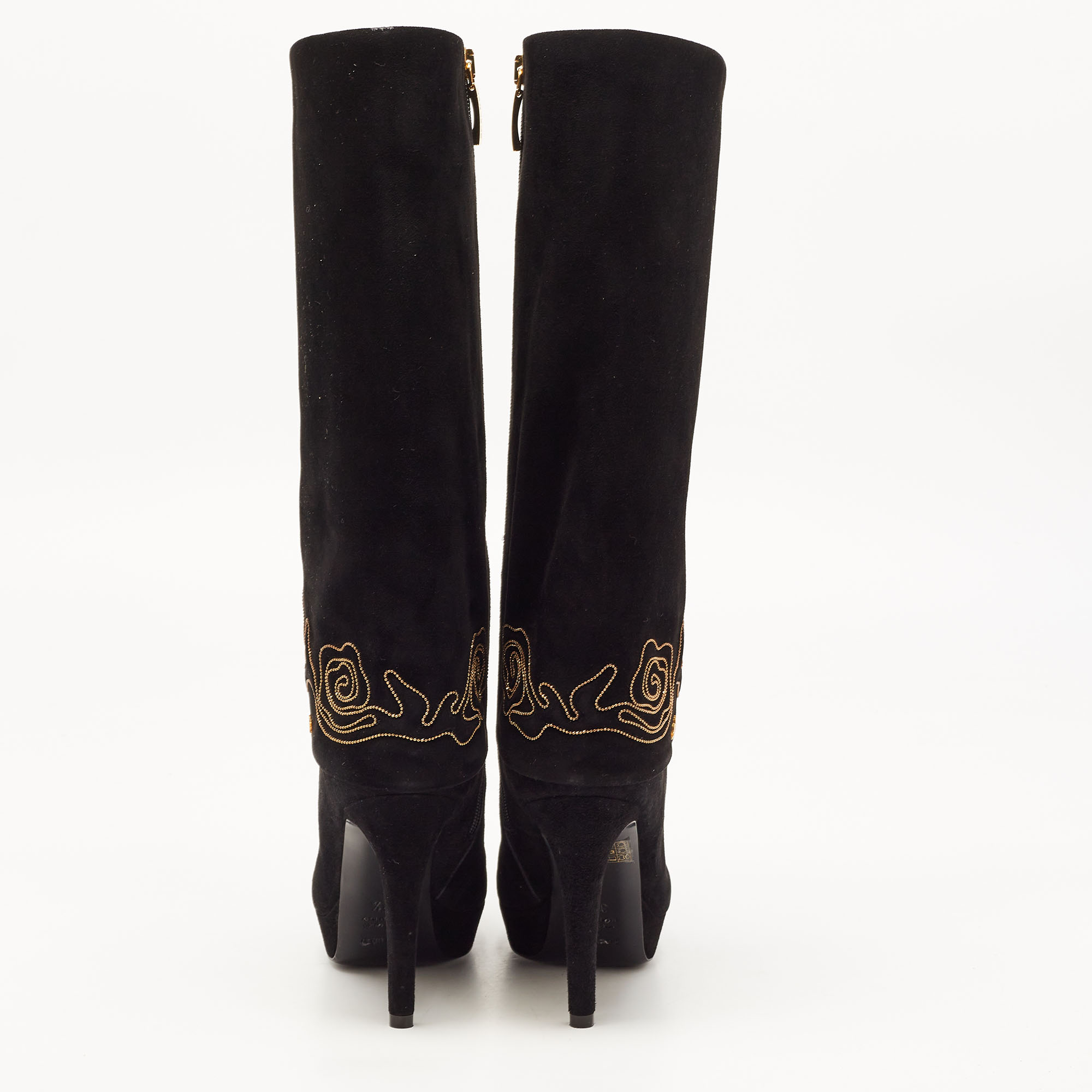 Loriblu Black Suede Embroidered Platform Knee Length Boots Size 37.5