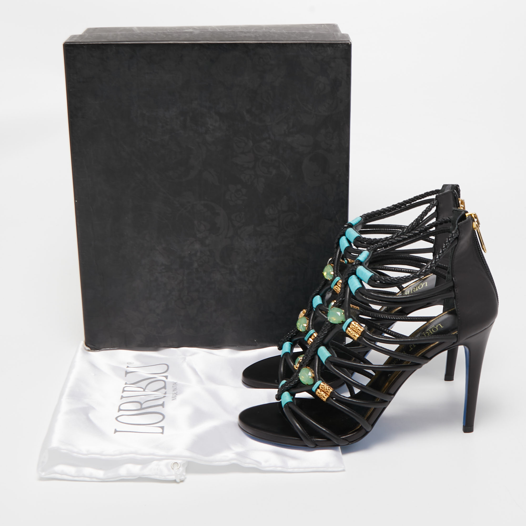 Loriblu Black Leather Crystals Embellished Caged Sandals Size 38