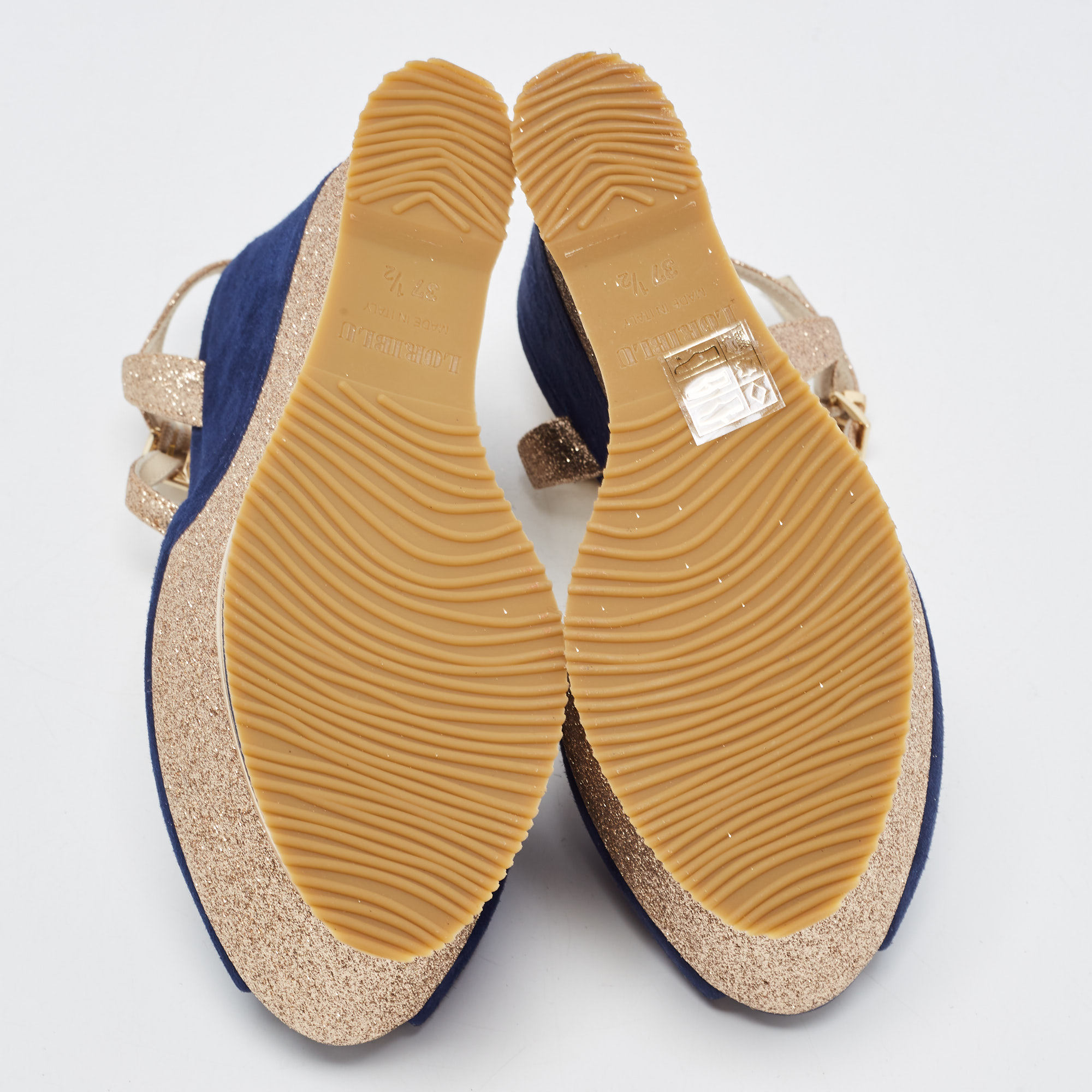Loriblu Navy Blue /Gold Suede And Glitter Wedge Platform Ankle Strap Sandals Size 37.5