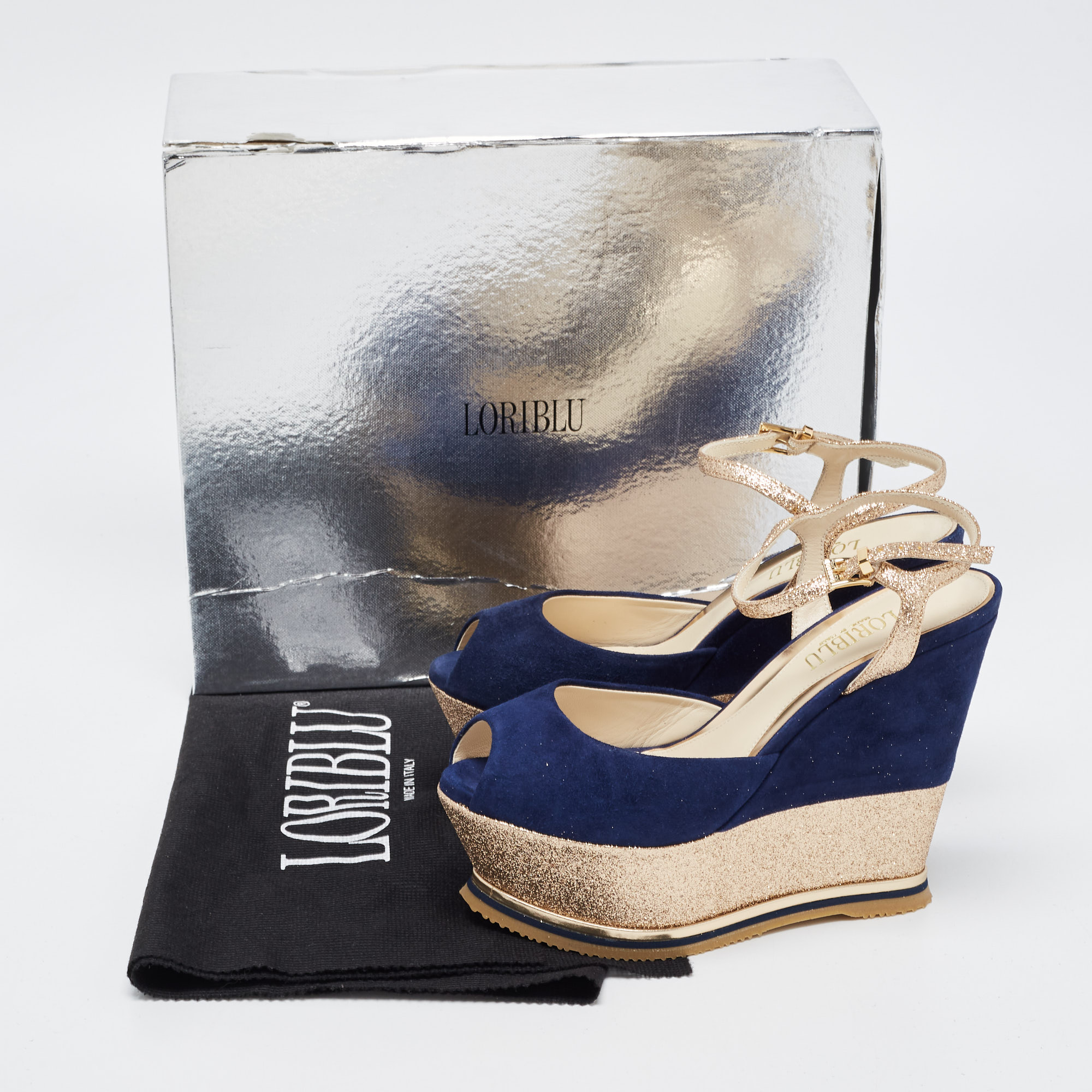 Loriblu Navy Blue /Gold Suede And Glitter Wedge Platform Ankle Strap Sandals Size 37.5
