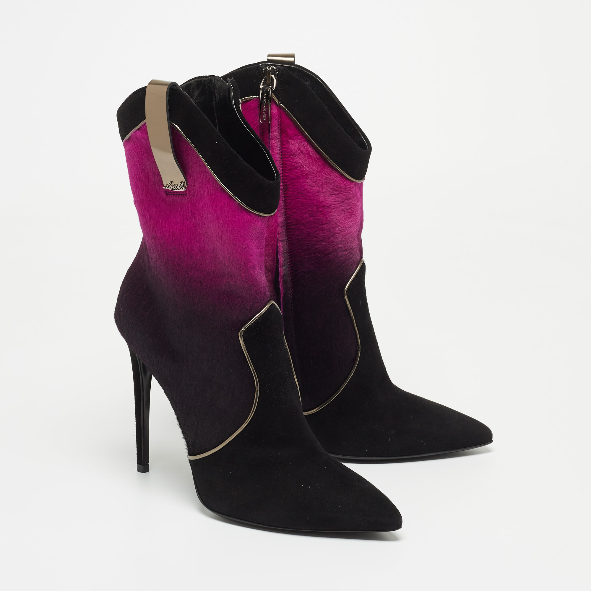 Loriblu Purple/Black Ombre Calf Hair And Suede Pointed Toe Ankle Boots Size 41