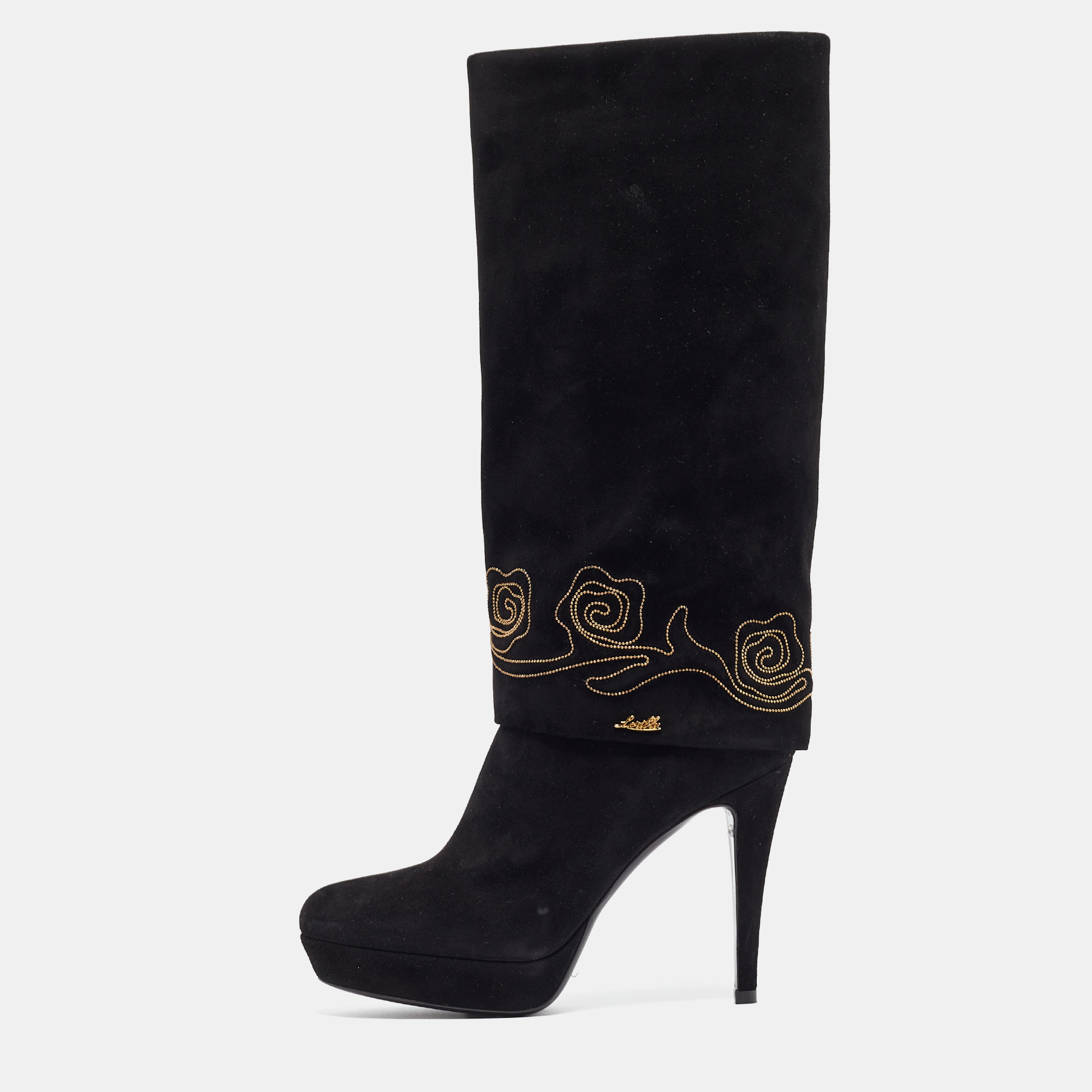 Loriblu black suede embroidered knee length platform boots size 37.5