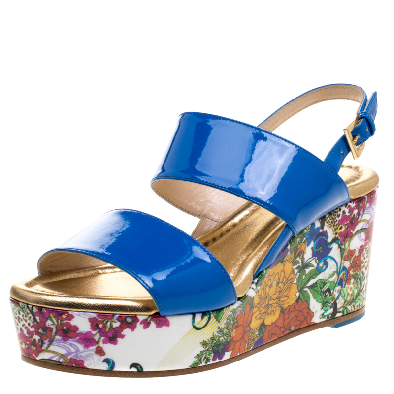 Image of Loriblu Blue Patent Leather Floral Printed Wedge Sandals Size