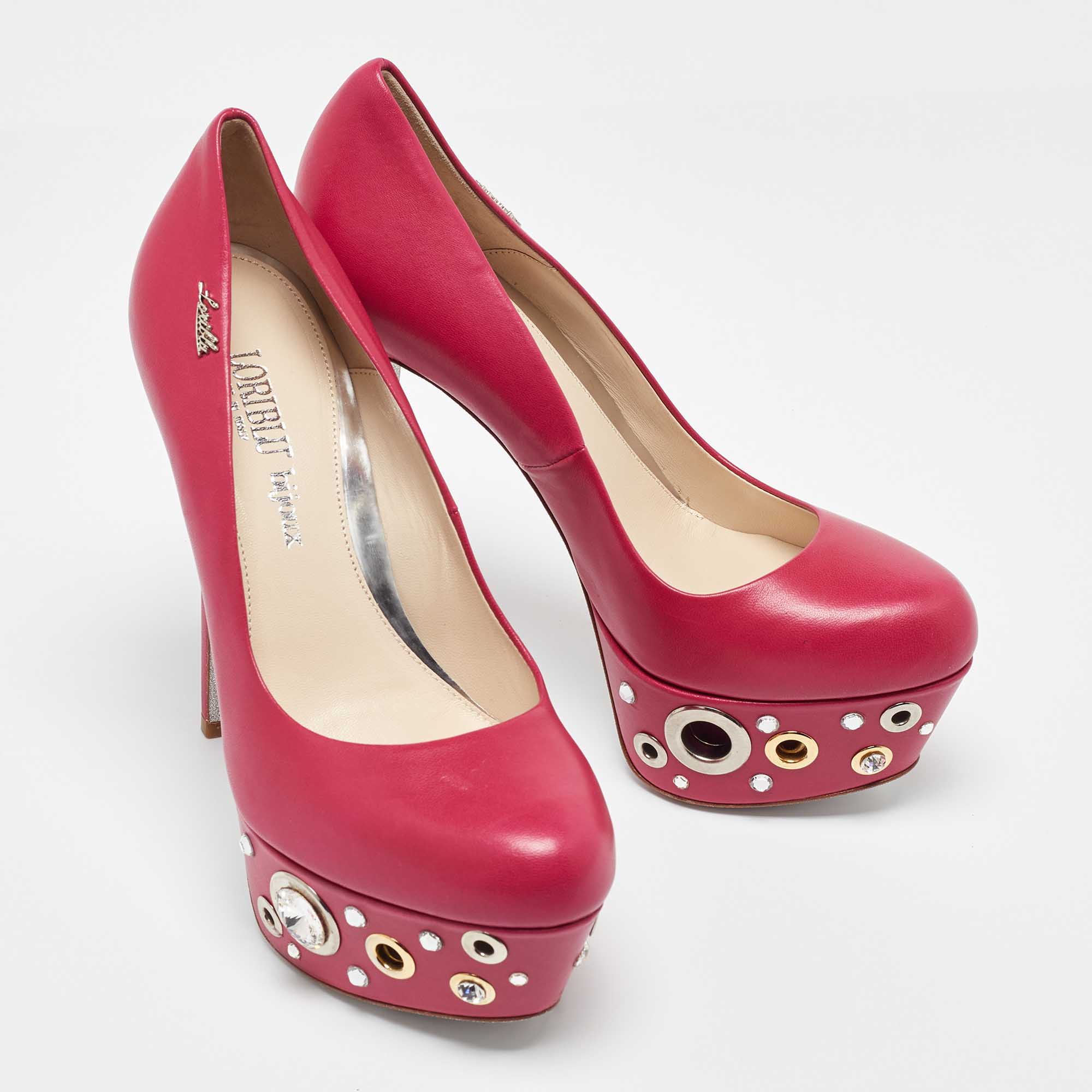 Loriblu Pink Leather Crystal Embellished Platform Pumps Size 37