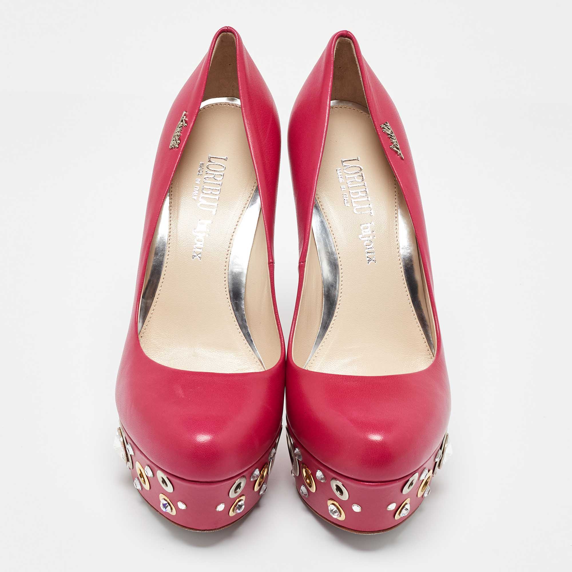 Loriblu Pink Leather Crystal Embellished Platform Pumps Size 37