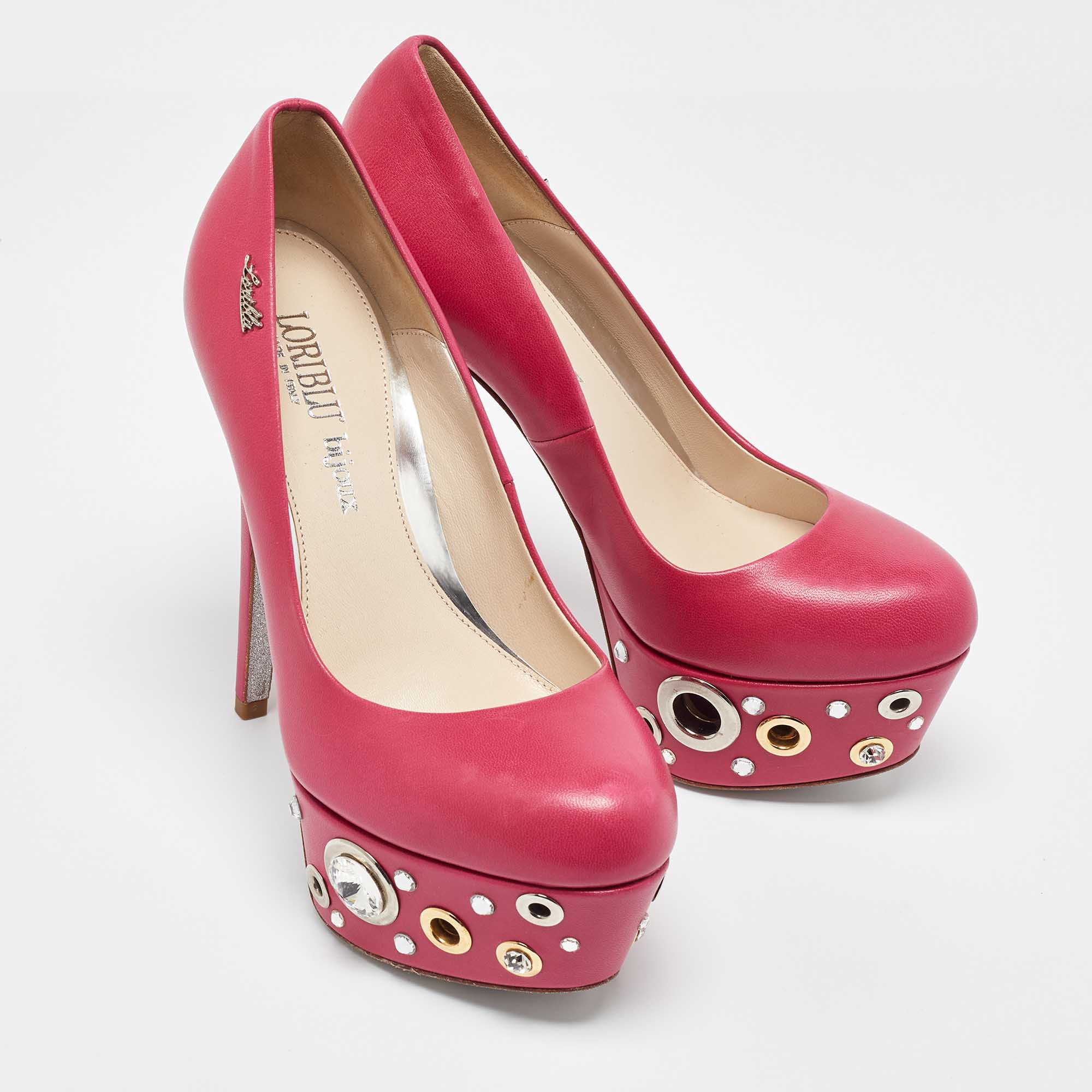 Loriblu Pink Leather Crystal Embellished Platform Pumps Size 35