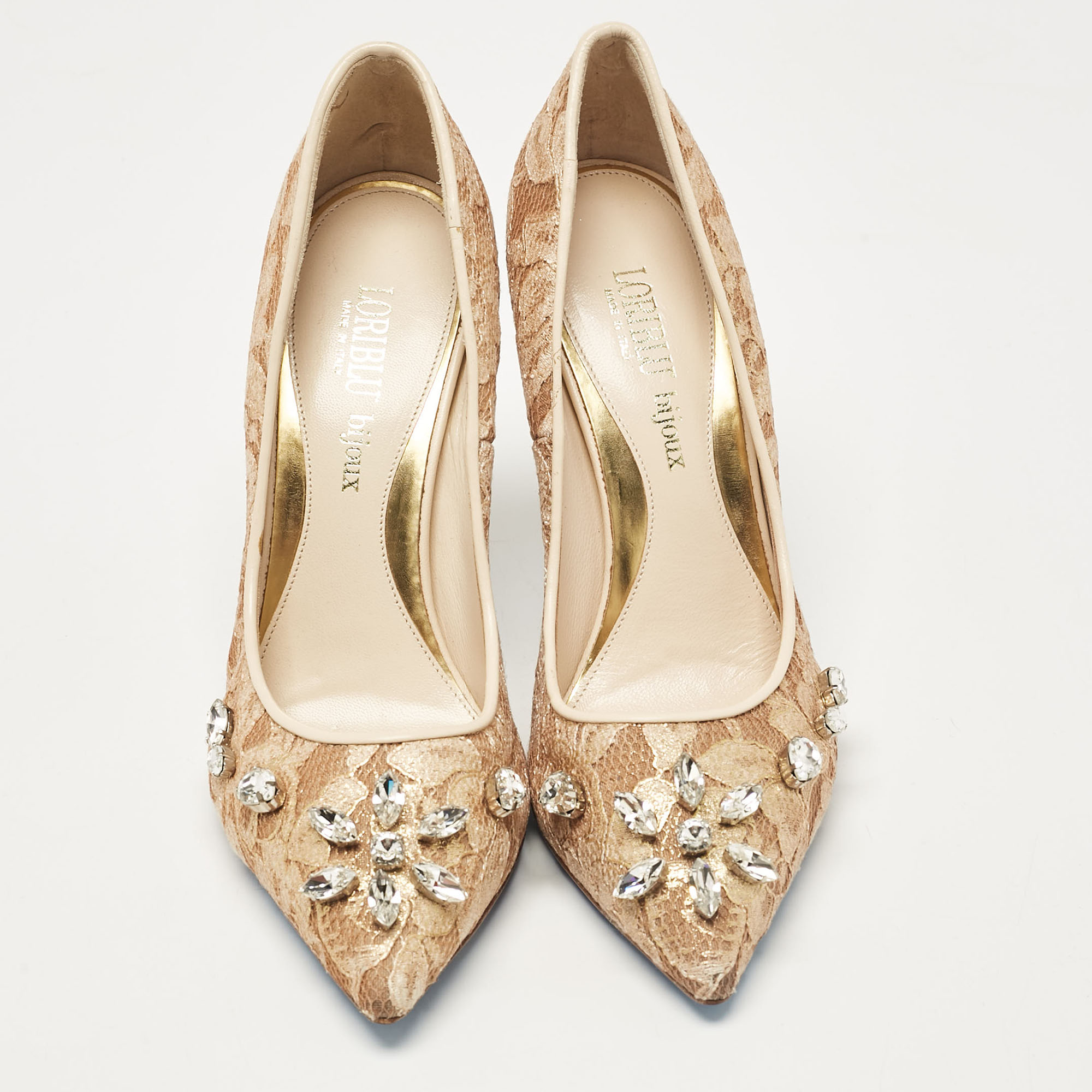 Loriblu Beige Lace And Mesh Crystal Embellished Pointed Toe Pumps Size 38.5