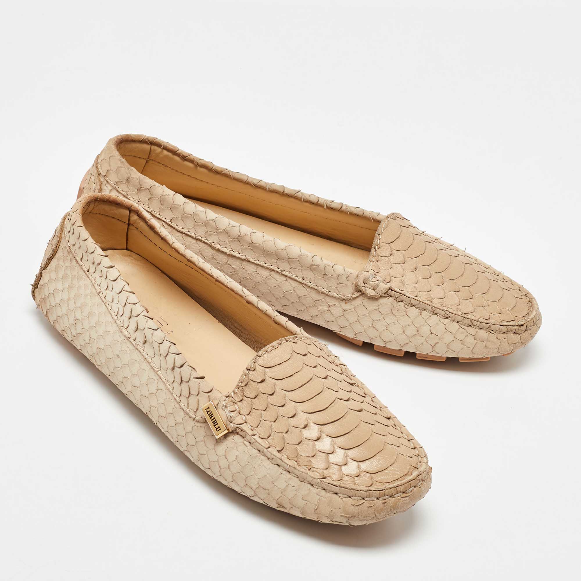 Loriblu Beige Python Embossed Leather Slip On Loafers Size 38