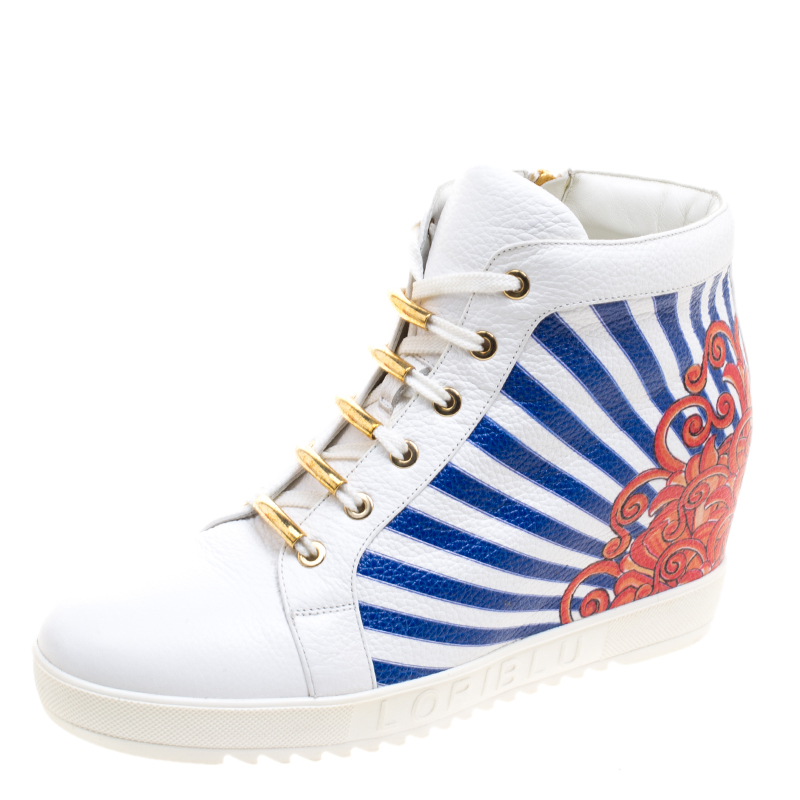 Image of Loriblu White Painted Leather Wedge Sneakers Size