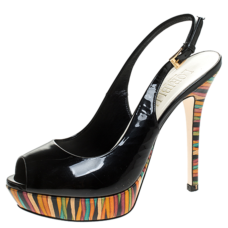 Image of Loriblu Black Patent Leather Peep Toe Slingback Sandals Size