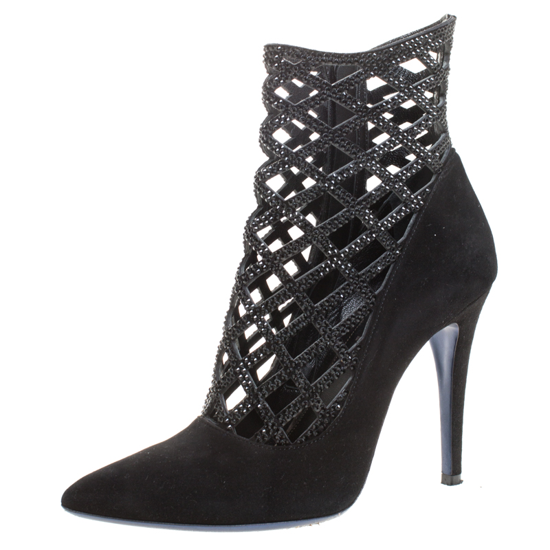 Image of Loriblu Black Cutout Suede Crystal Embellished Pointed Toe Ankle Boots Size