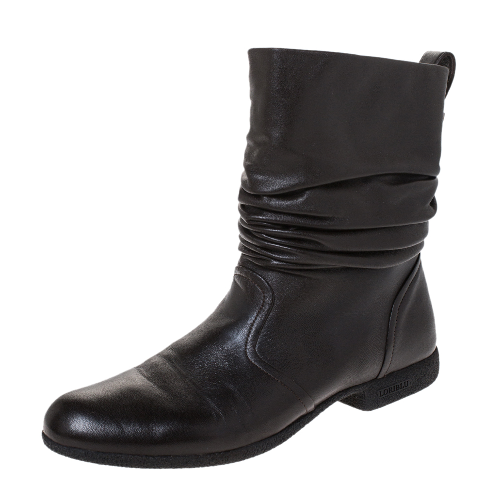 Image of Loriblu Dark Brown Leather Pleated Ankle Boots Size