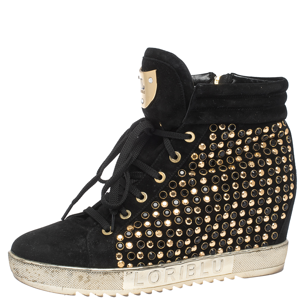 Image of Loriblu Black Suede Crystal Embellished High Top Sneakers Size