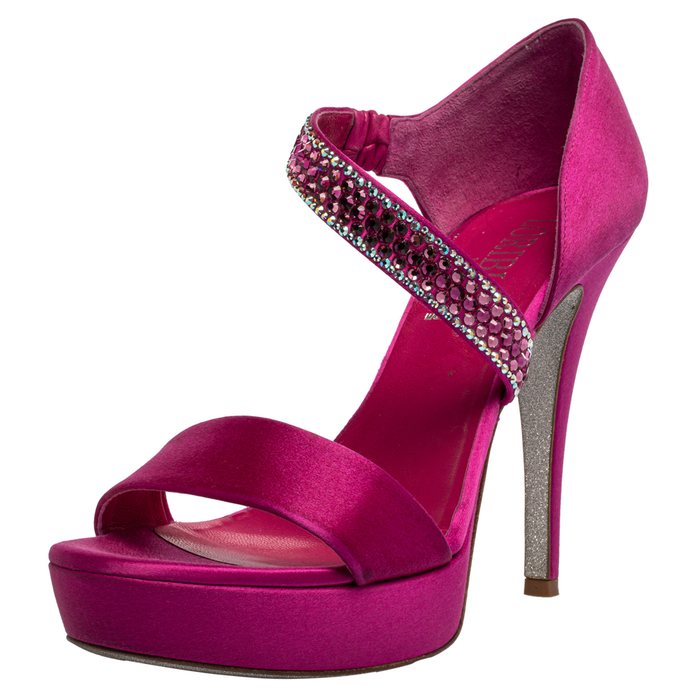 Image of Loriblu Fuchsia Satin Crystal Embellished Open Toe Platform Sandals Size .