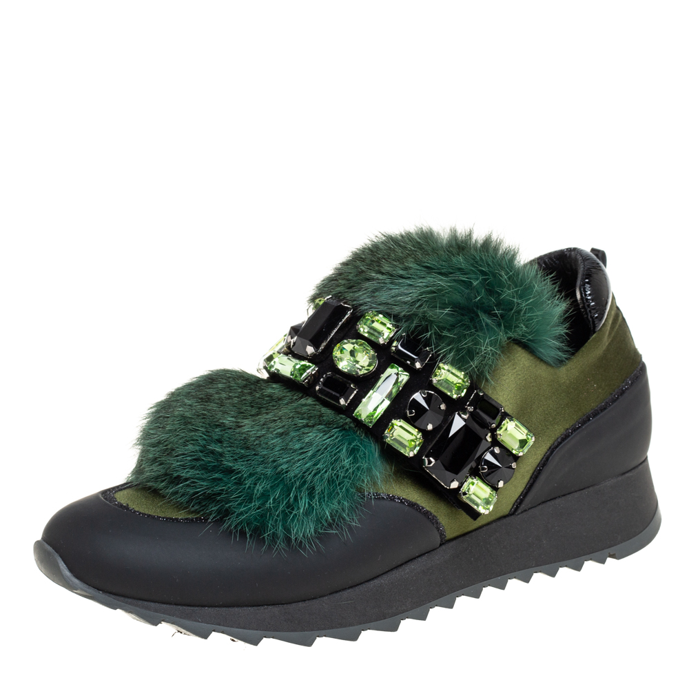 Loriblu Green/Black Satin And Fur Crystal Embellished Sneakers Size 38