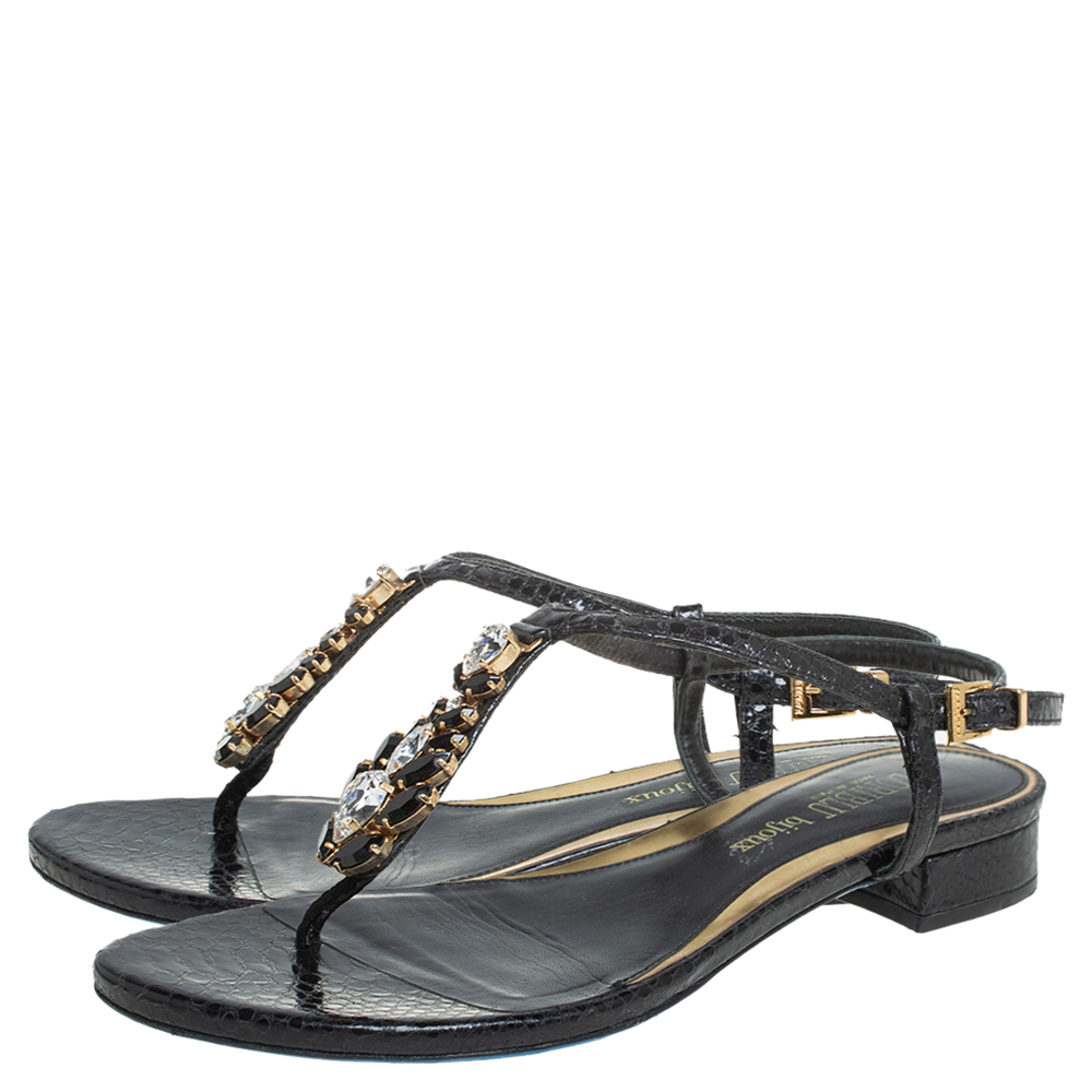 Loriblu Black Python Embossed Leather Crystal Embellished Flat Sandals Size 36